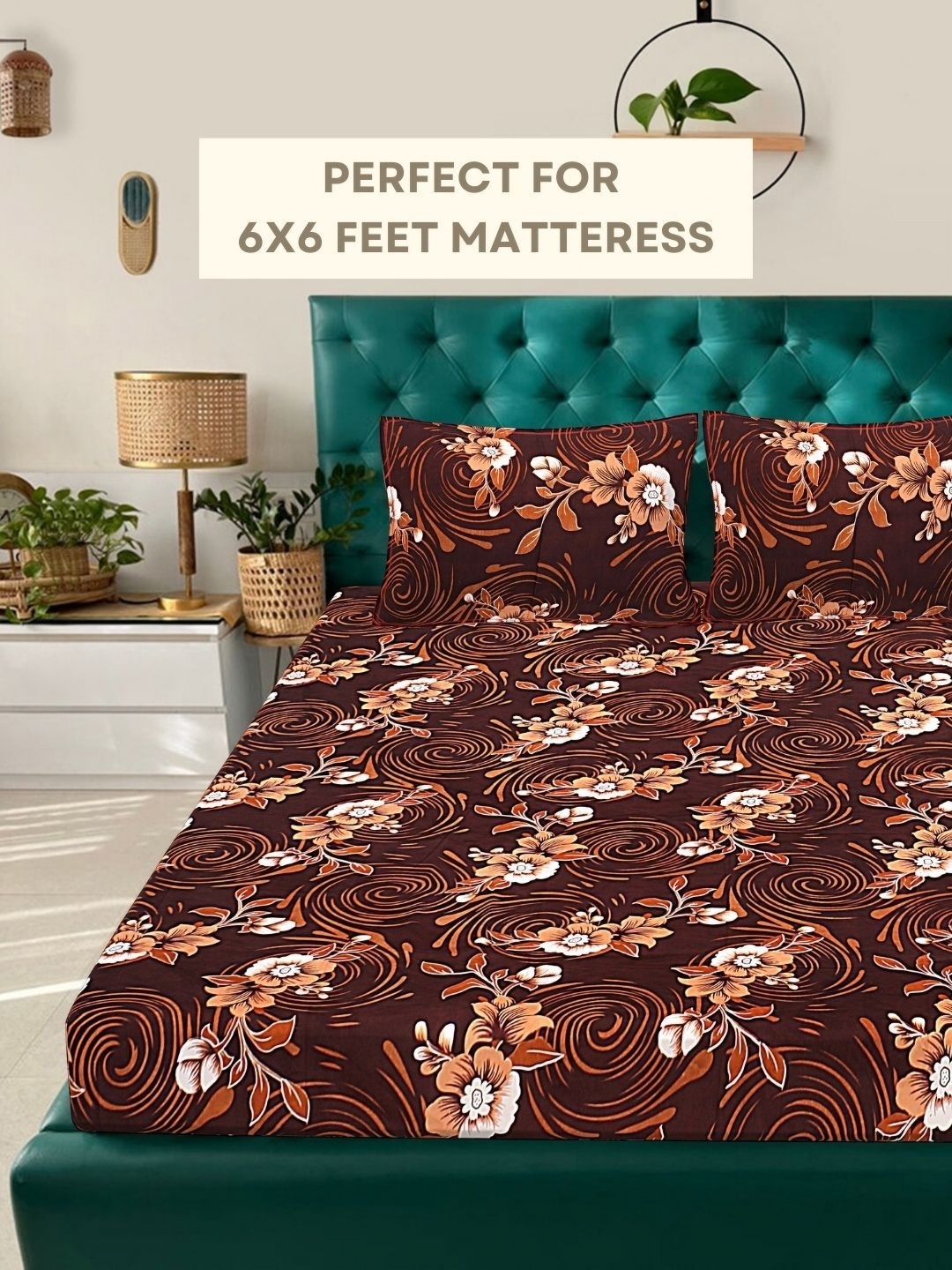 

HASHCART Brown & Orange Floral Printed Cotton 210 Queen Bedsheet Set 2.40 m x 2.25 m