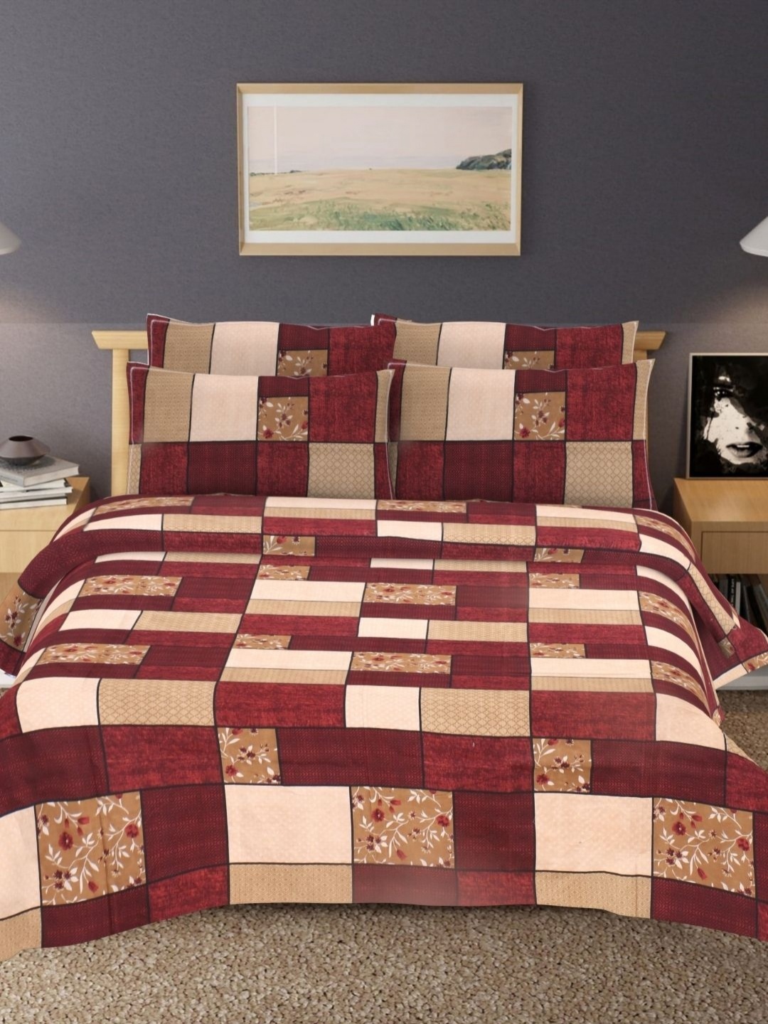 

HASHCART Maroon Geometric Printed 210 TC Cotton Queen Bedsheet Set 2.40 m x 2.25 m