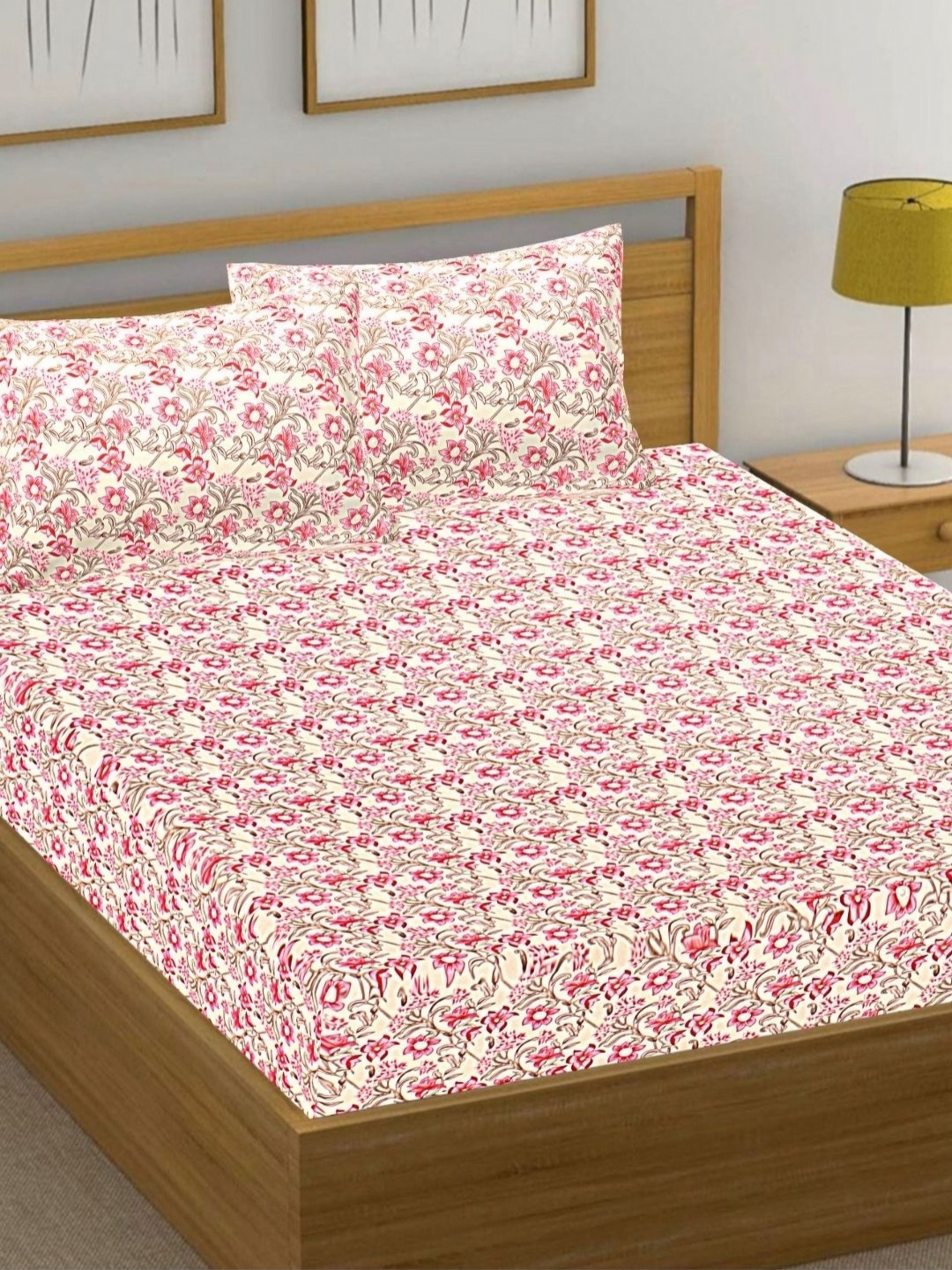 

HASHCART Pink Floral Printed 210 TC Cotton Queen Bedsheet Set 2.40 m x 2.25 m