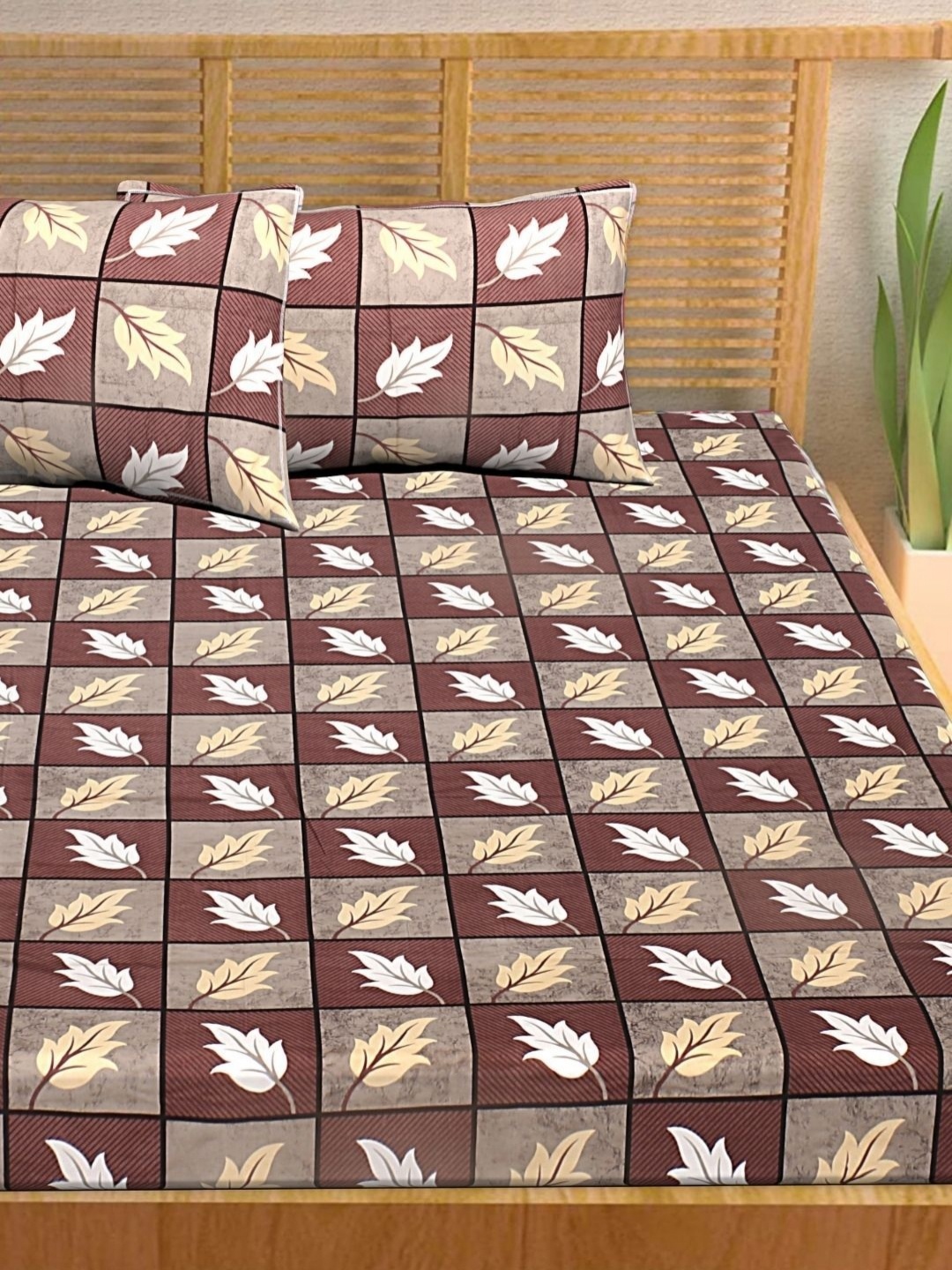 

HASHCART Grey & Brown Floral Printed Cotton 210 TC Queen Bedsheet Set-2.40 m x 2.25 m