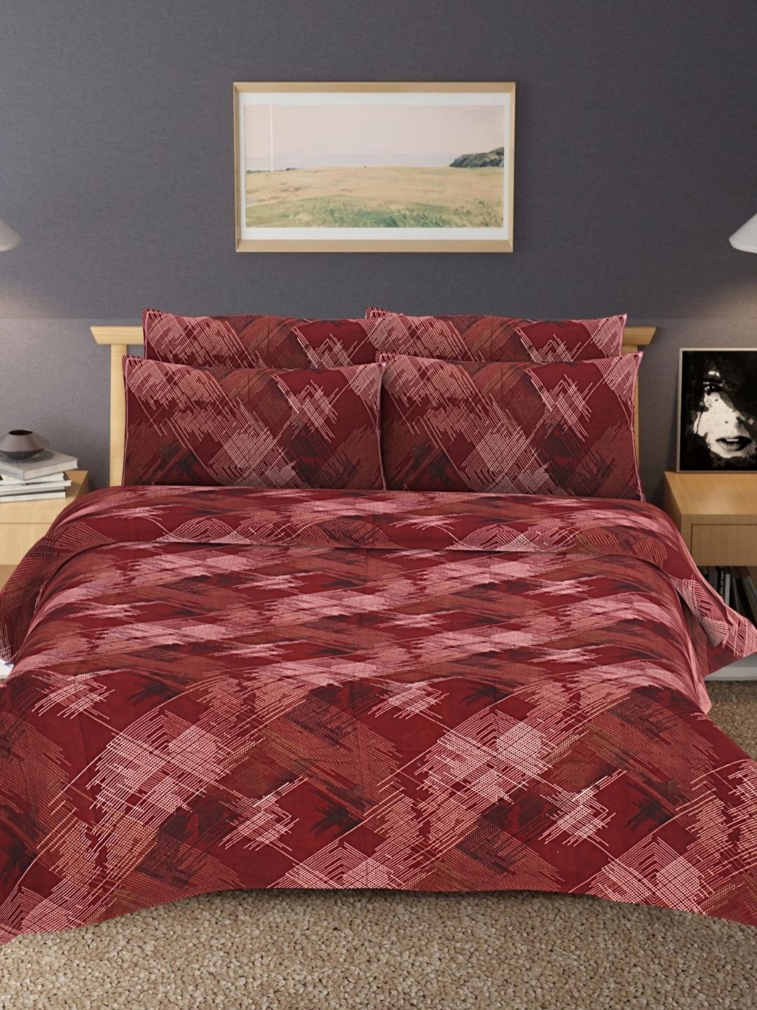 

HASHCART Maroon & Pink Geometric Printed Cotton 210 TC Queen Bedsheet Set 2.40 m x 2.25 m