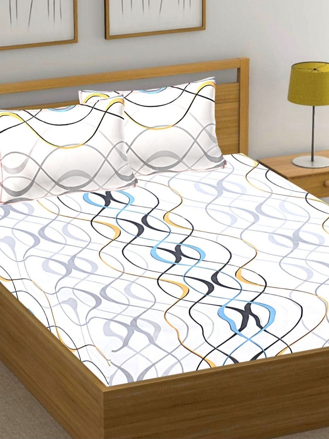 

HASHCART White & Grey Geometric Cotton 210 TC Queen Bedsheet Set-2.40 m x 2.25 m