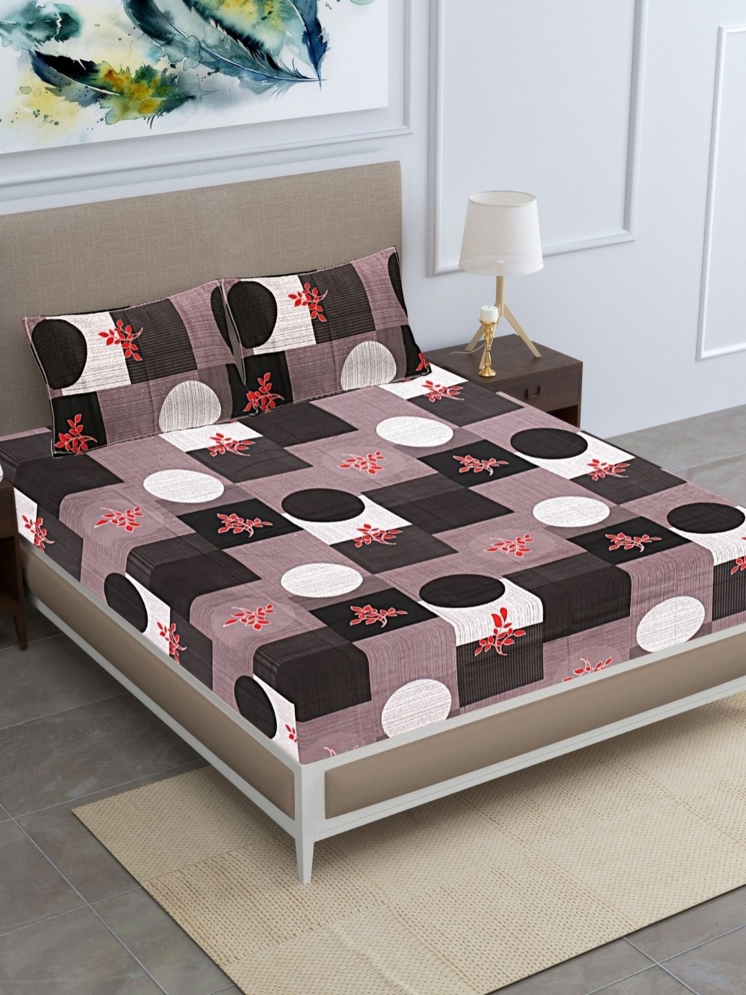 

HASHCART Grey & Black Geometric Printed Cotton 210 TC Queen Bedsheet Set 2.40 m x 2.25 m