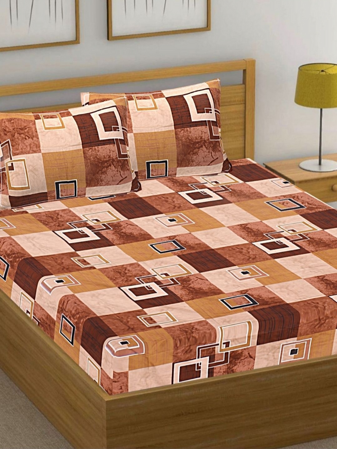 HASHCART Brown And Cream Cotton Printed 210 TC Queen Bedsheet Set 2.40 m x 2.25 m