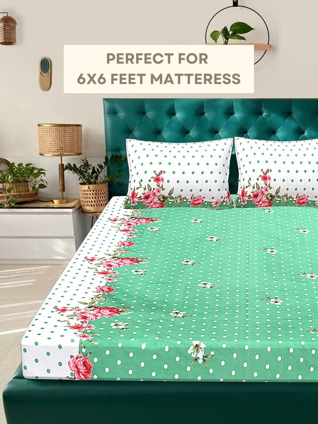 

HASHCART Green Pure Cotton Floral 210 TC Queen Bedsheet Set 2.40 m x 2.25 m