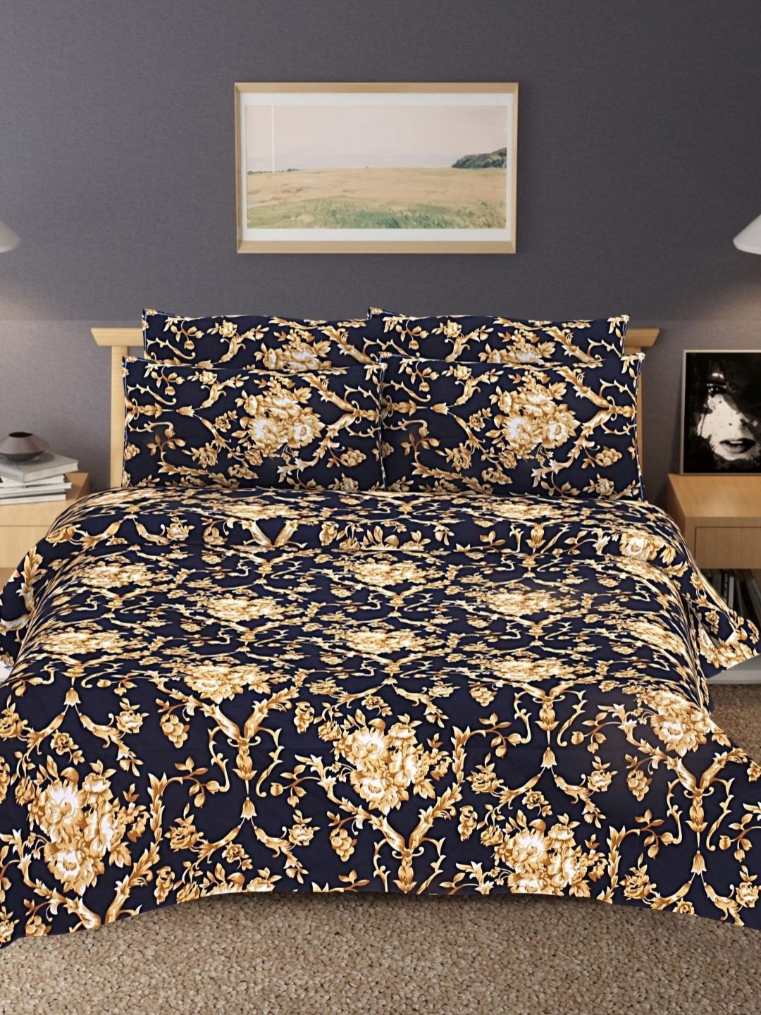 

HASHCART Navy-Blue & Gold Toned Printed Cotton 210 TC Queen Bedsheet Set 2.40 m x 2.25 m