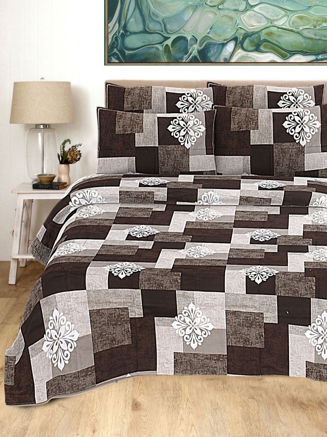 

HASHCART Brown & Grey Ethnic Motifs 210 TC Queen Bedsheet with 2 Pillow Covers