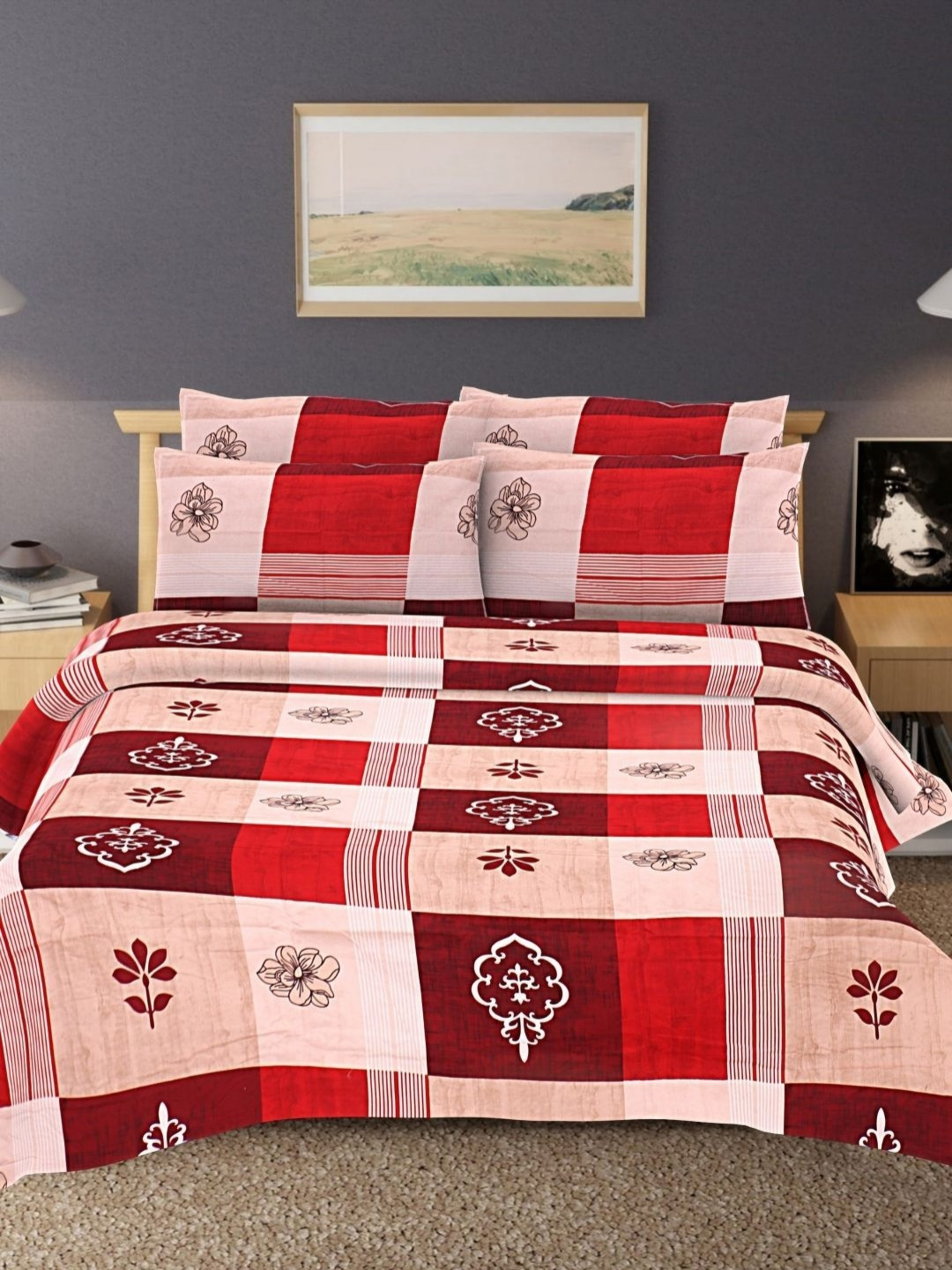 

HASHCART Red & Beige Geometric Printed Cotton 210 TC Queen Bedsheet Set 2.40 m x 2.25 m
