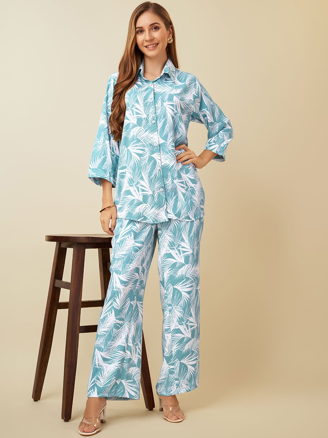 

HOUSE OF MIRA Tropical Printed Shirt Collar Top With Trousers, Blue