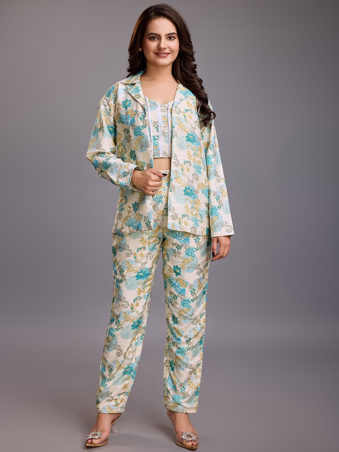 

HOUSE OF MIRA Floral Printed Lapel Collar Jacket With Top And Trousers, Turquoise blue