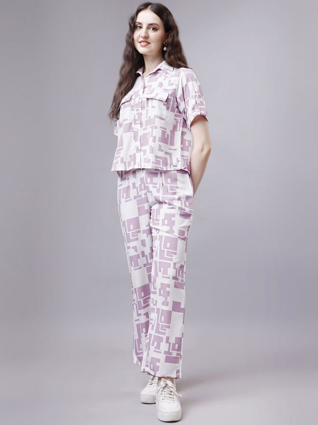 

HOUSE OF MIRA Abstract Printed Shirt Collar Shirt With Trousers, Pink