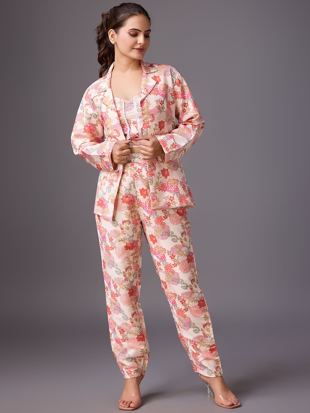 

HOUSE OF MIRA Floral Printed Shoulder Strap Crop Top With Trouser And Jacket, Pink