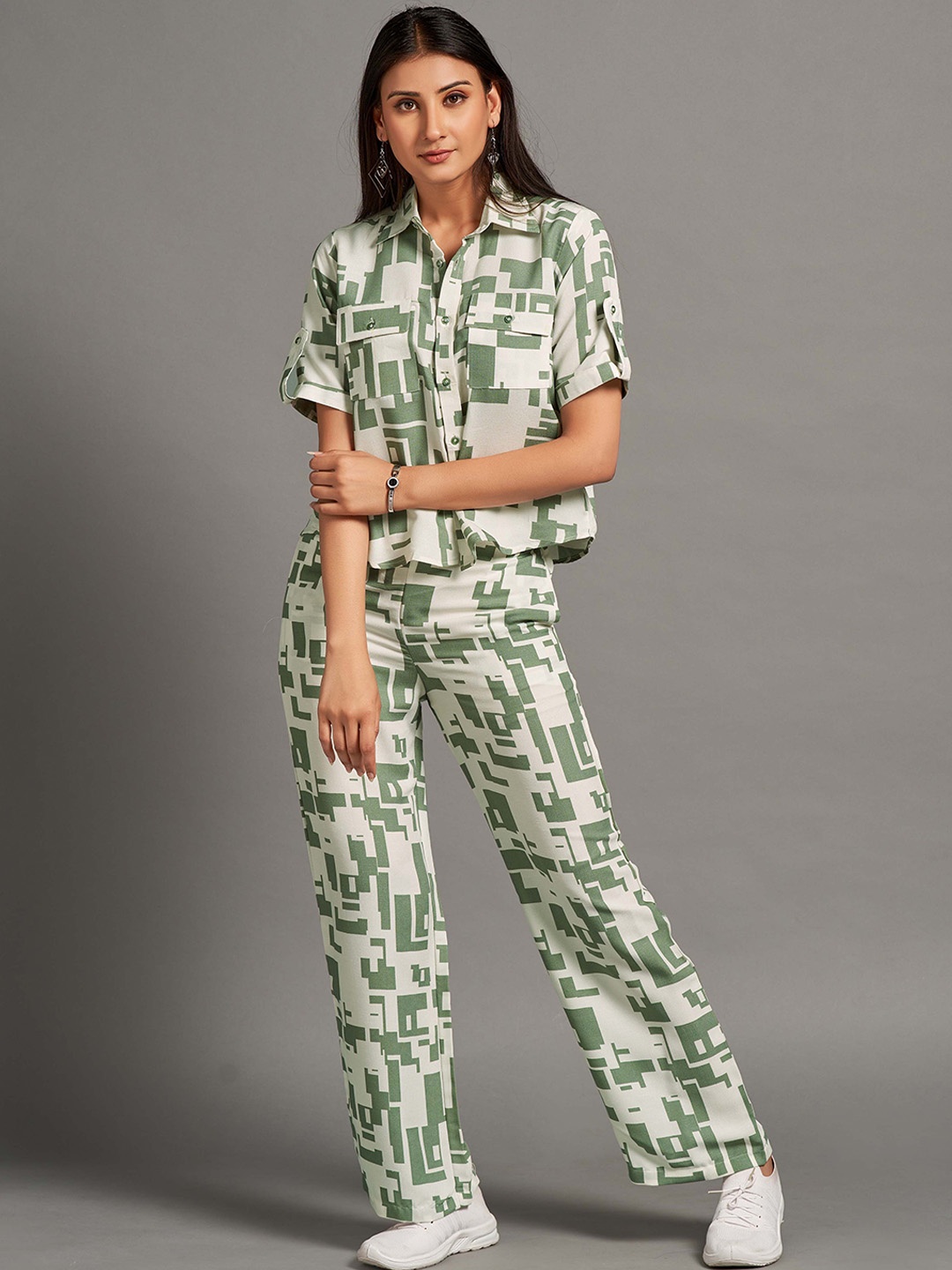 

HOUSE OF MIRA Abstract Printed Shirt Collar Shirt With Trousers, Green