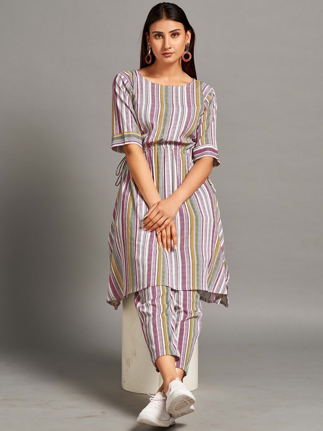 

HOUSE OF MIRA Striped Round Neck Tunic With Trousers, Purple