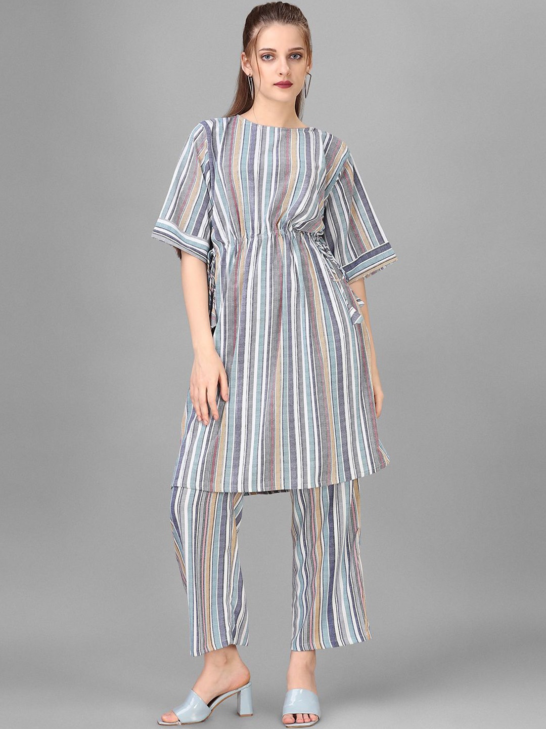 

HOUSE OF MIRA Striped Round Neck A- Line Linen Tunic With Trousers, Blue