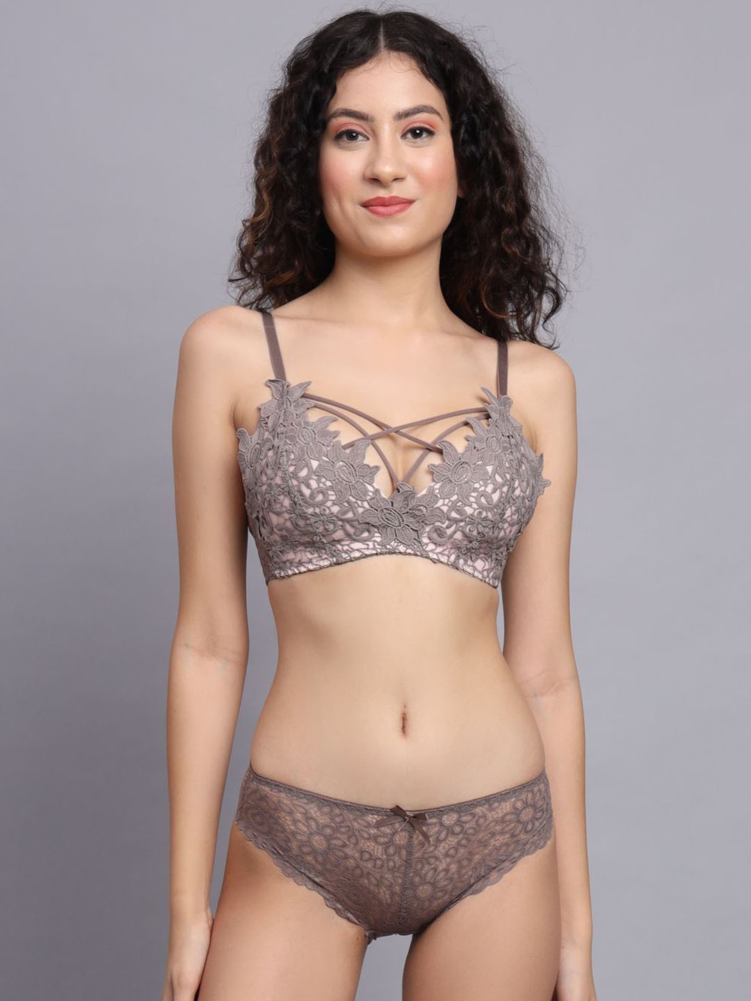 

Flamezia Women Shoulder Straps Lingerie Set FLMZ-SET012-GRY, Grey