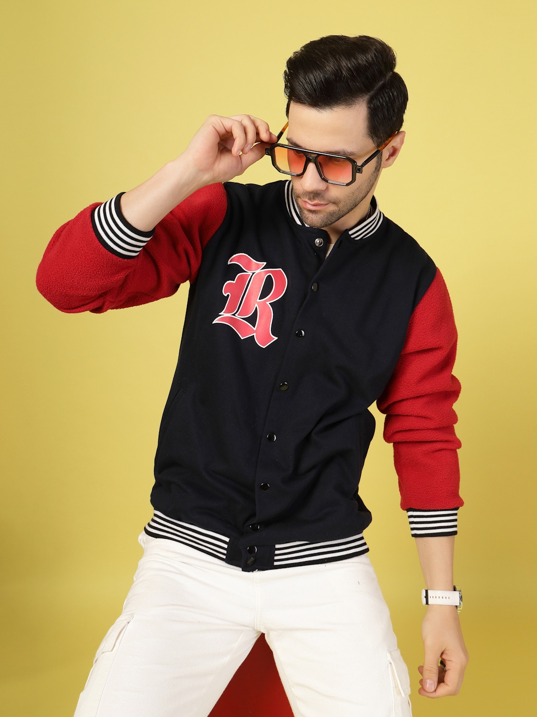 

Rigo Men Stand Collar Colourblocked Fleece Casual Varsity Jacket, Navy blue