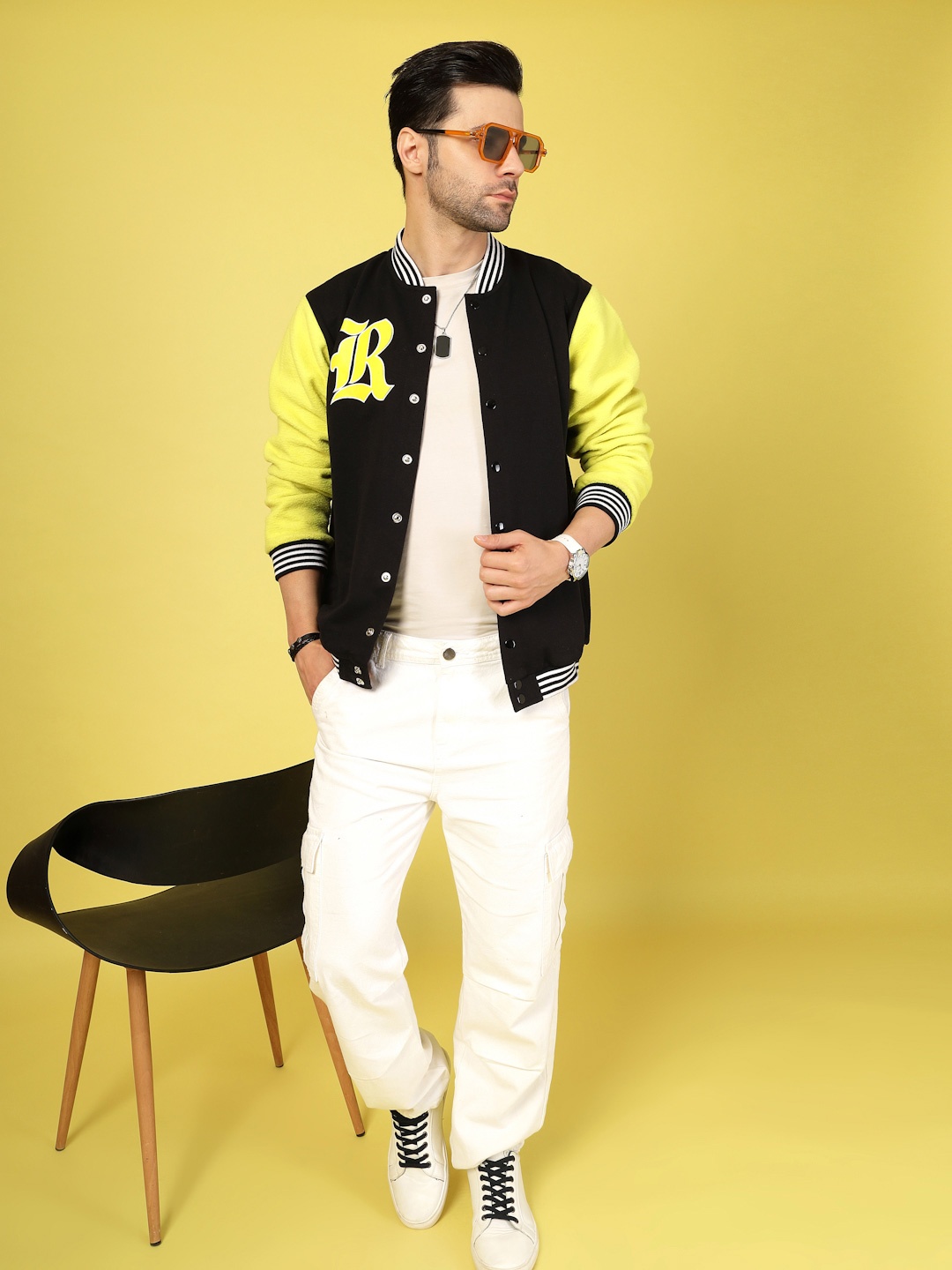 

Rigo Men Stand Collar Colourblocked Fleece Casual Varsity Jacket, Black