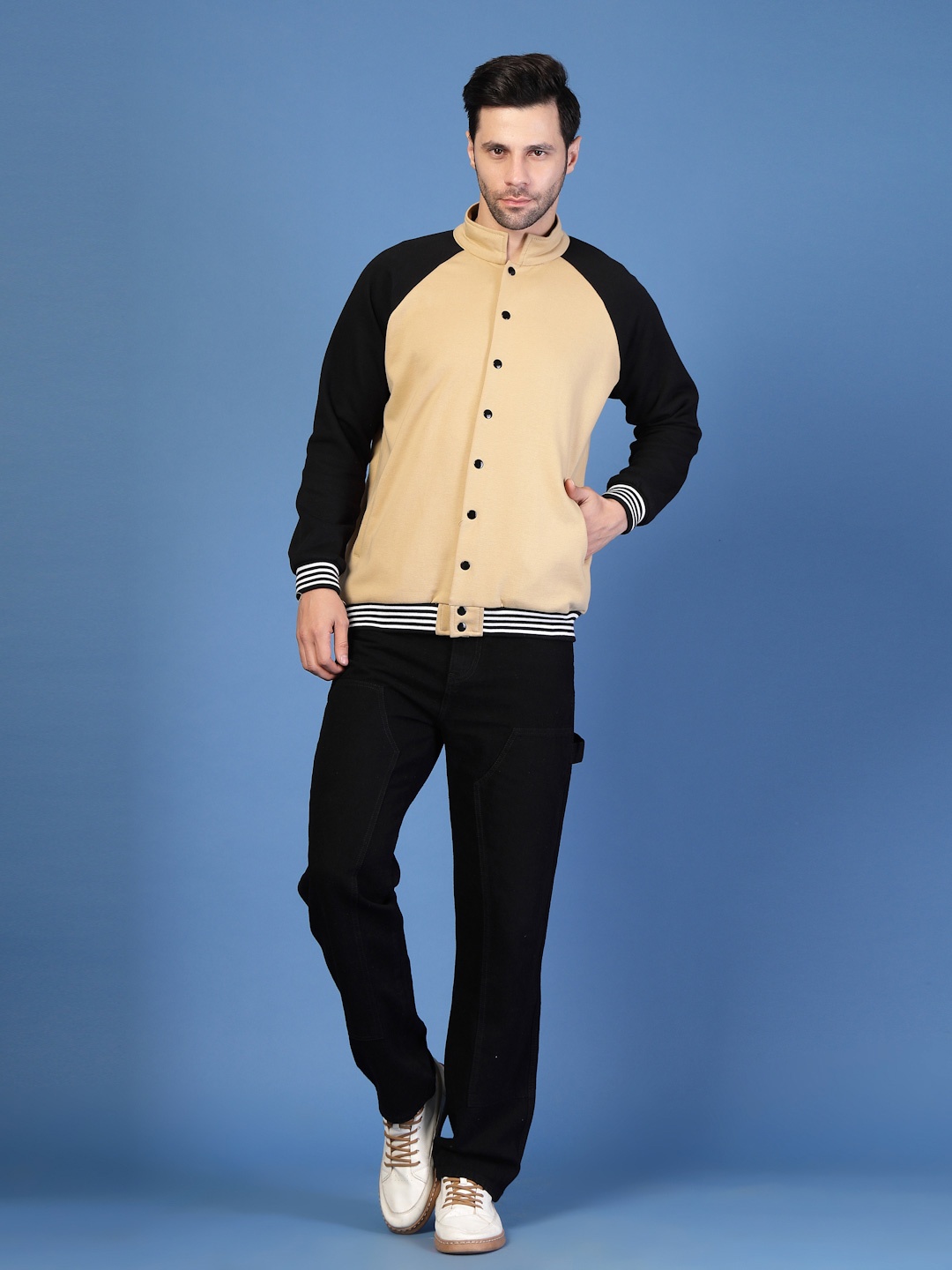 

Rigo Men Mandarin Collar Colourblocked Fleece Casual Varsity Jacket, Beige