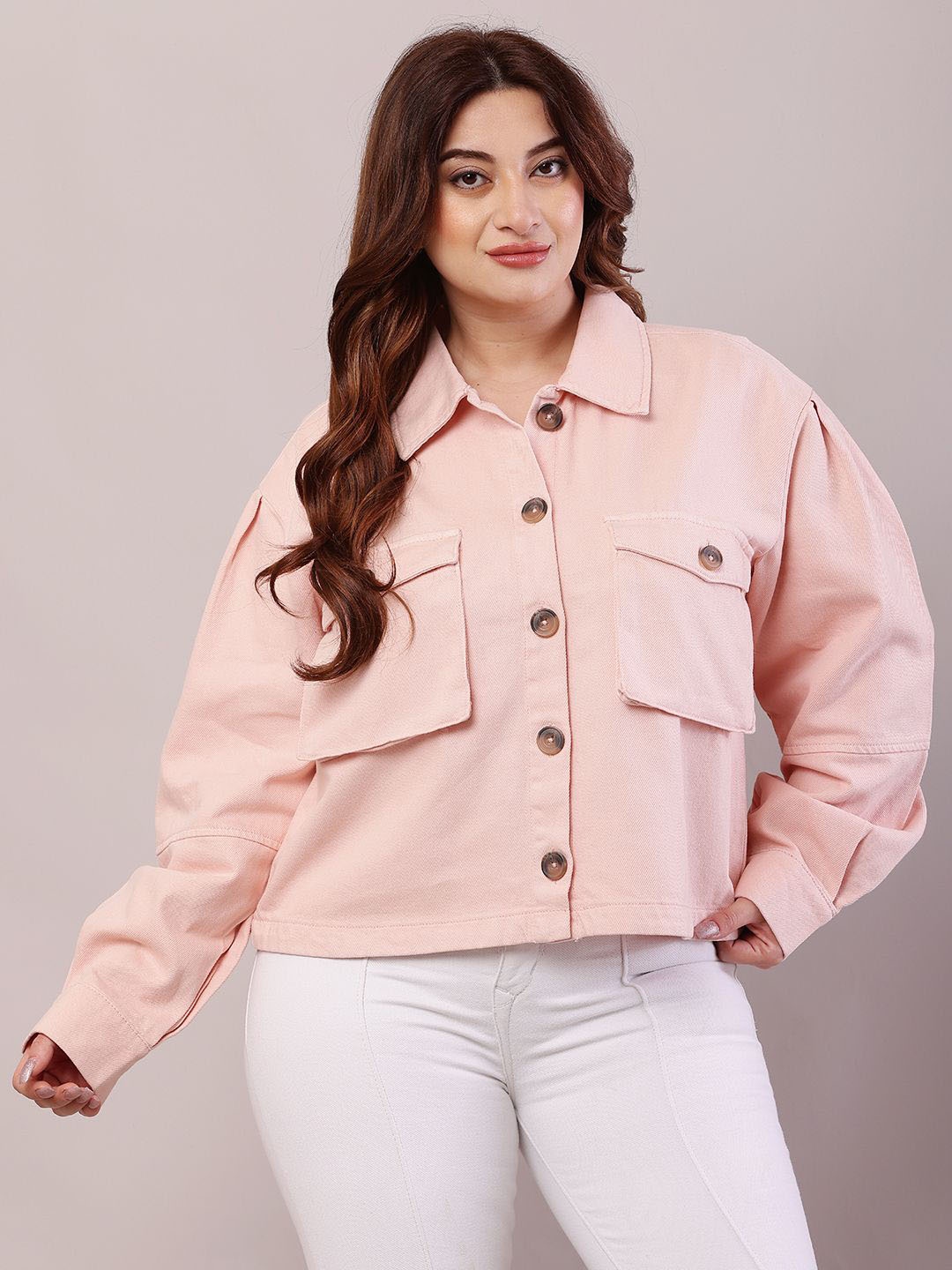 

NoBarr Women Plus Size Spread Collar Solid Cotton Casual Tailored Jacket, Pink