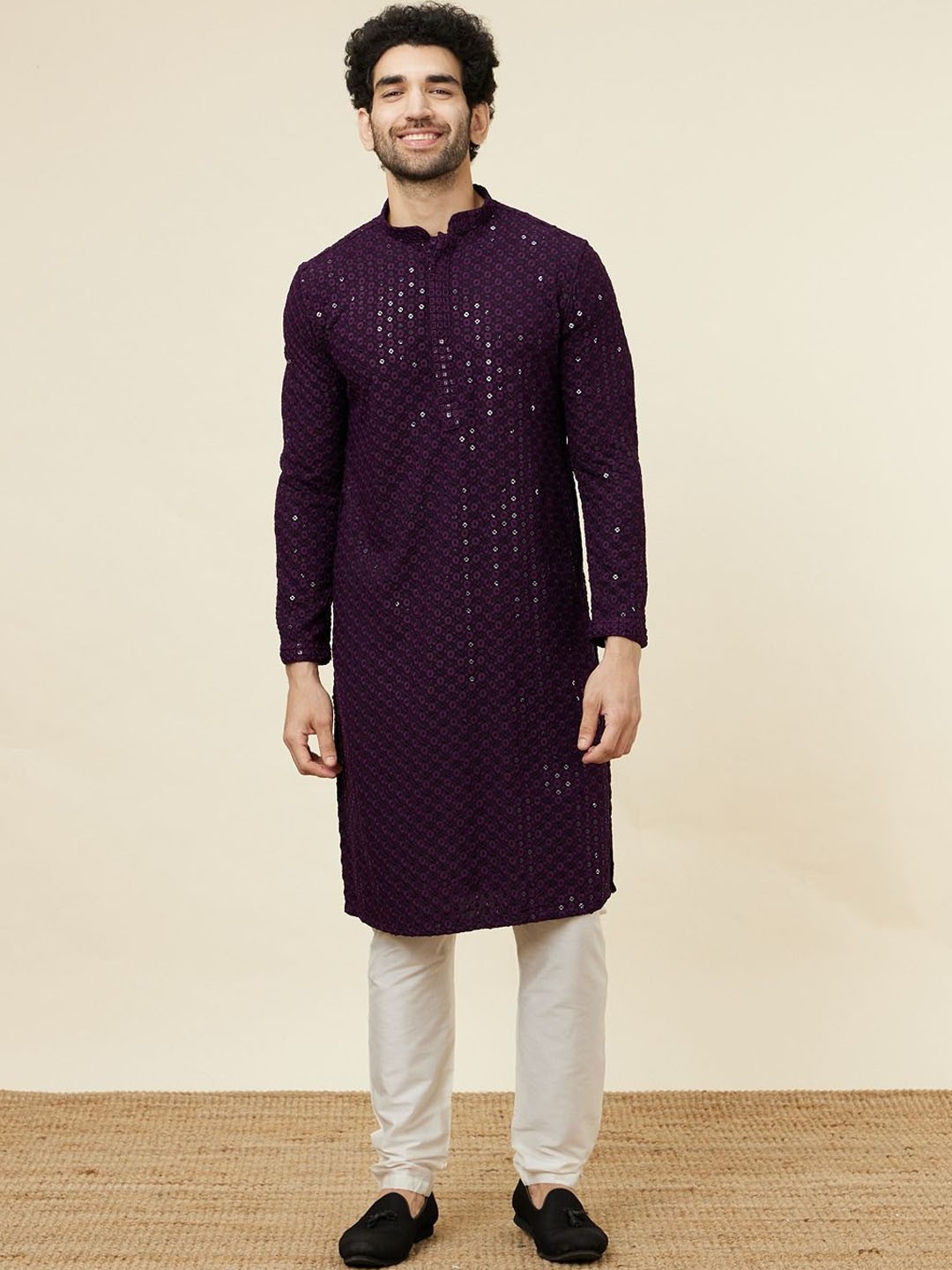 

Manyavar Floral Embroidered Mandarin Collar Chikankari Kurtas, Purple