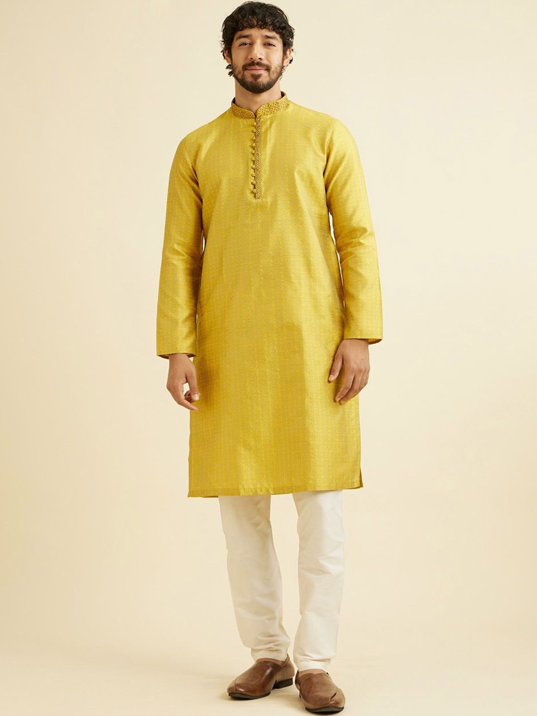 

Manyavar Ethnic Motifs Woven Design Mandarin Collar Kurtas, Yellow
