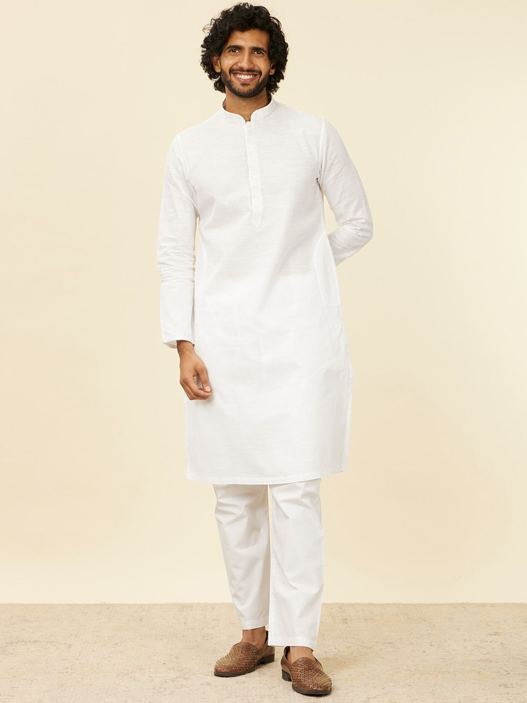 

Manyavar Embroidered Mandarin Collar Straight Kurtas, White