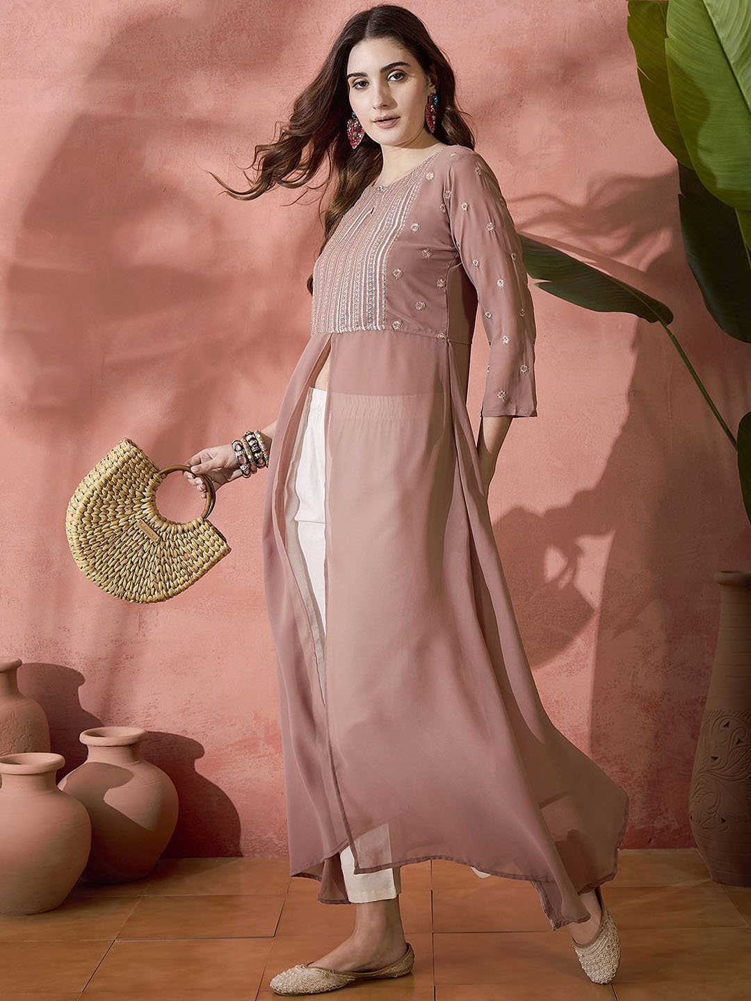 Sangria Embellished Sequinned Georgette Kurta, Brown