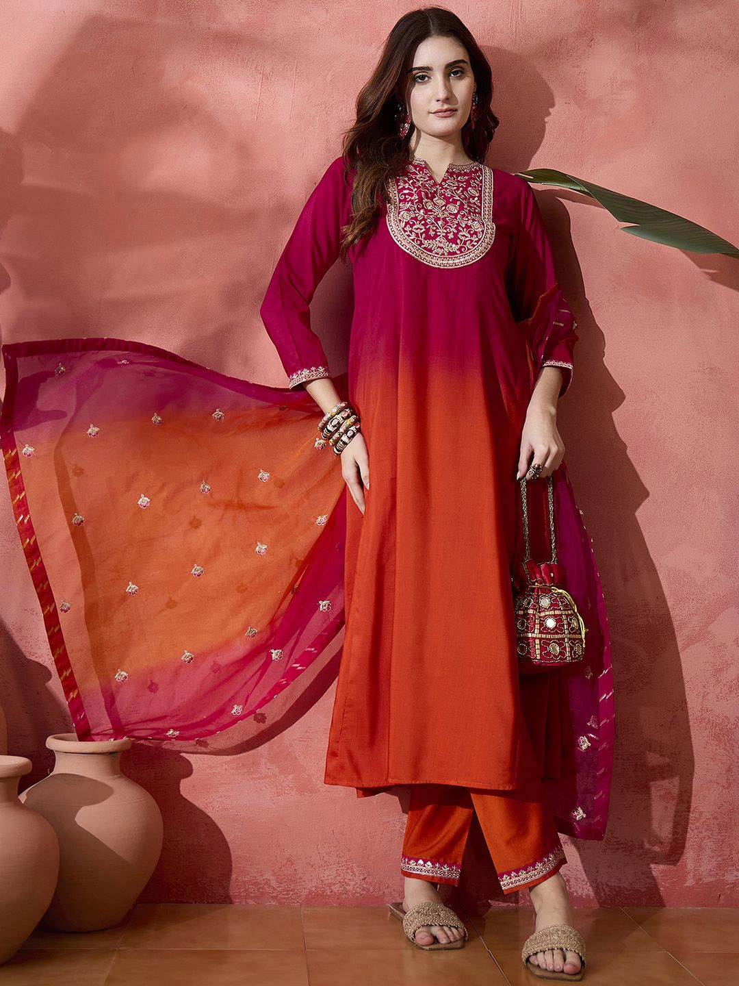 

Sangria Pink Floral Embroidered Mandarin Collar A-Line Kurta With Trousers & Dupatta