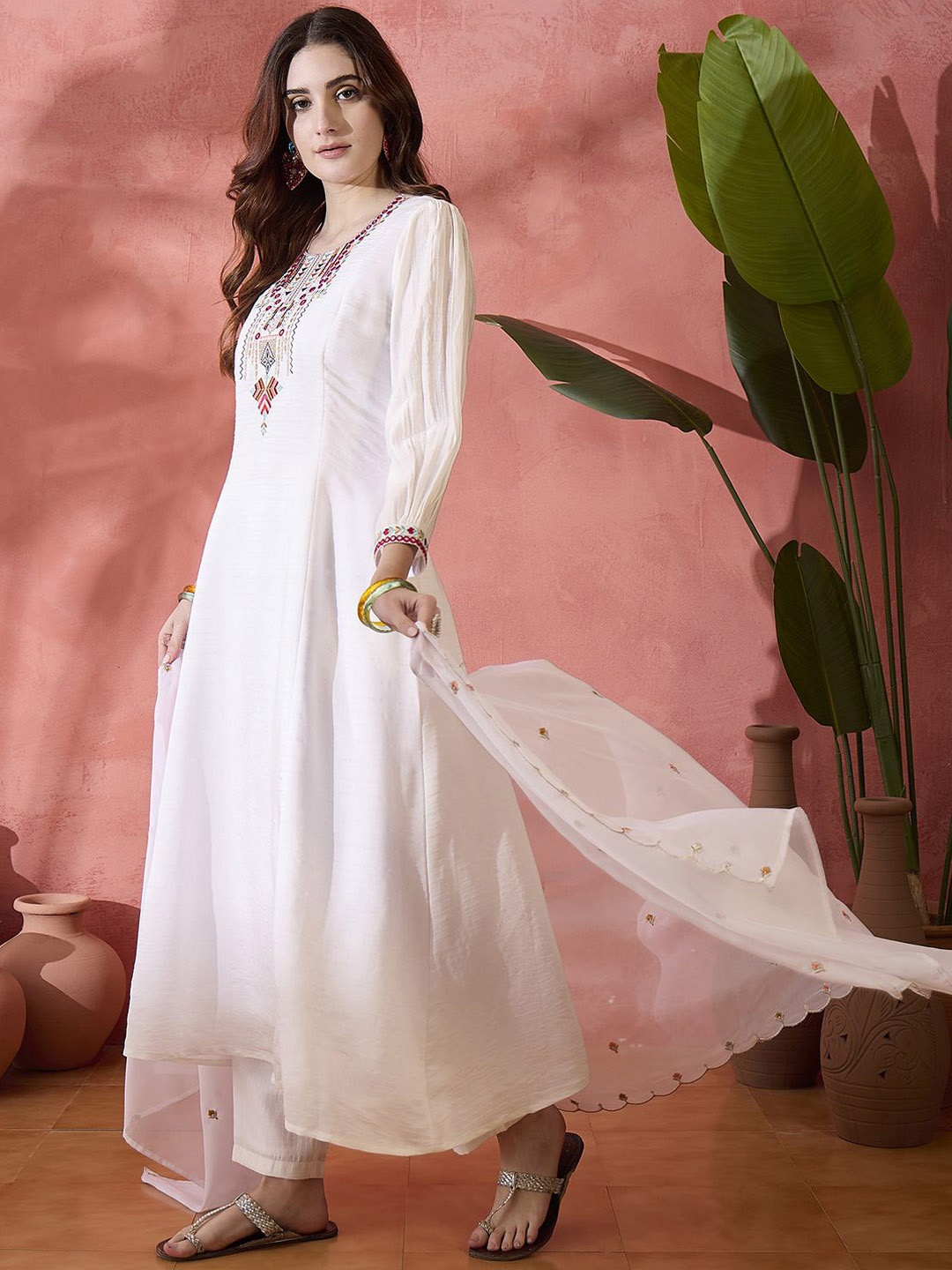 

Sangria White Thread Work Round Neck A-Line Kurta With Trousers And Dupatta