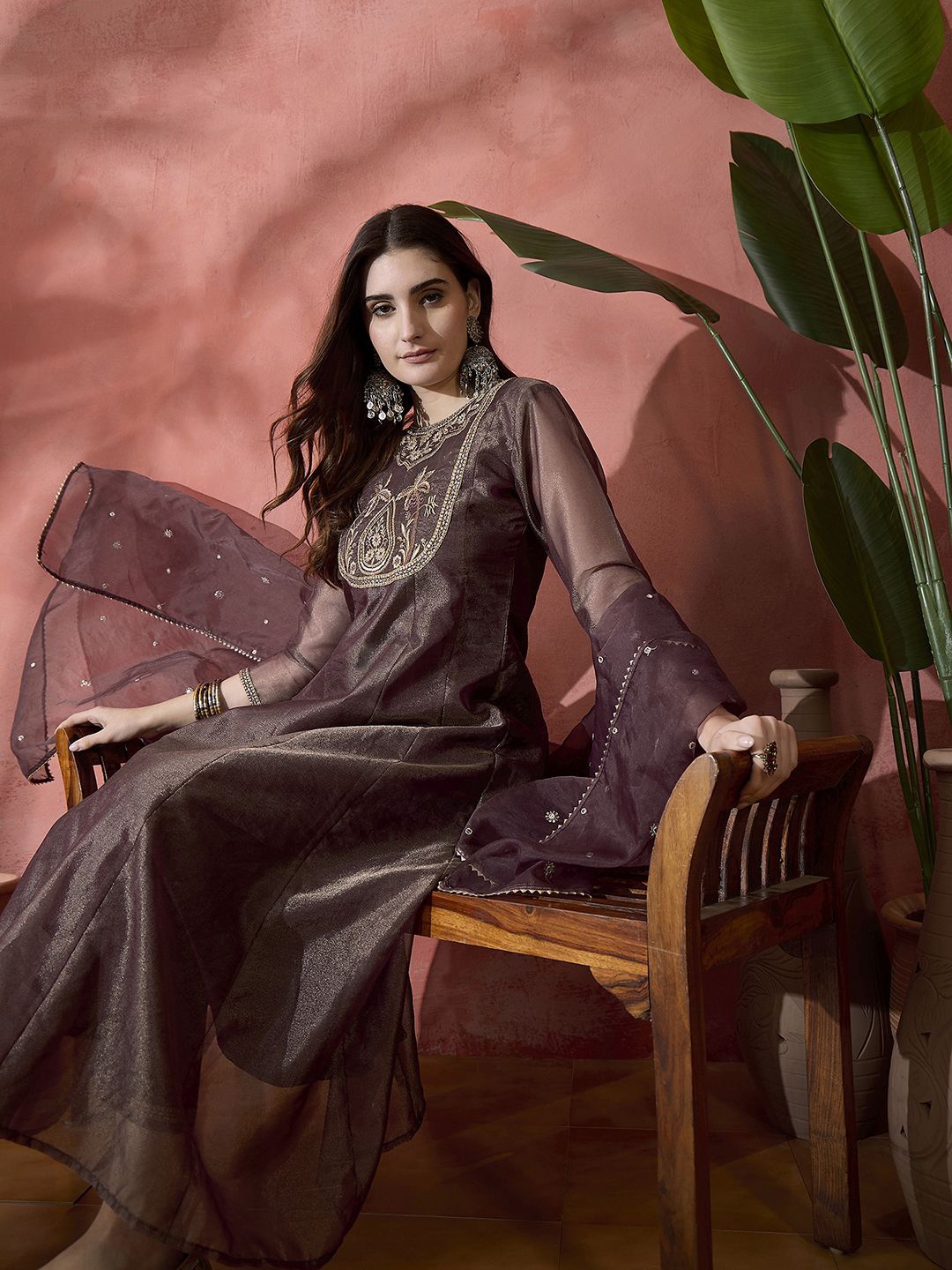 

Sangria Floral Embroidered Panelled Kurta With Trouser And Dupatta, Maroon