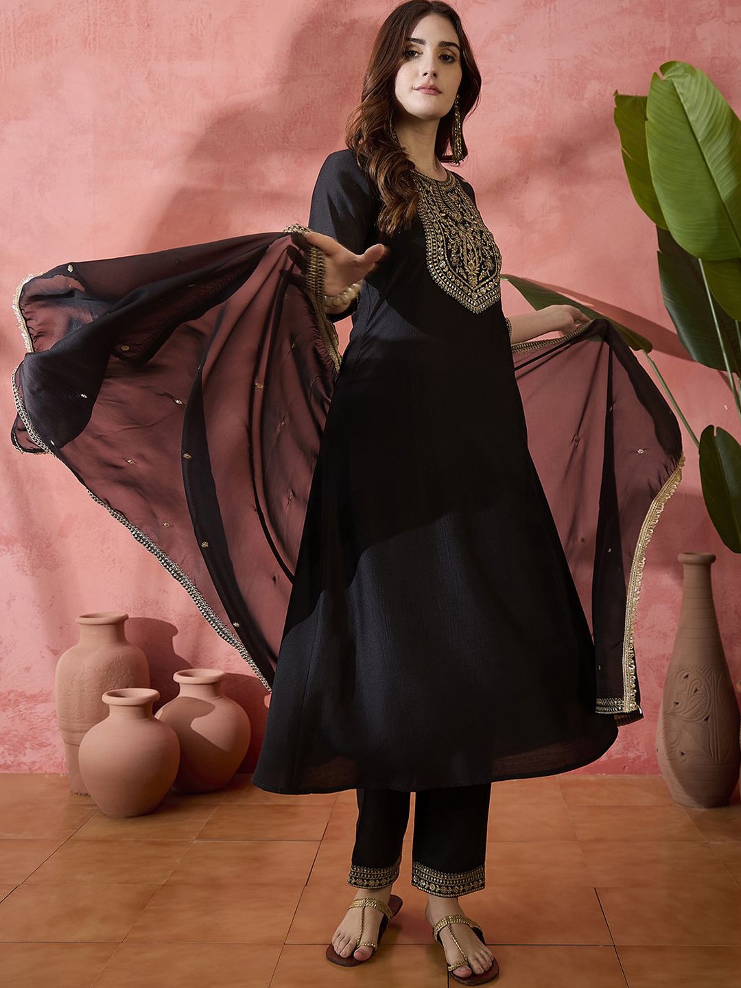 

Sangria Floral Embroidered Round Neck A-Line Kurta With Trousers & Dupatta, Black