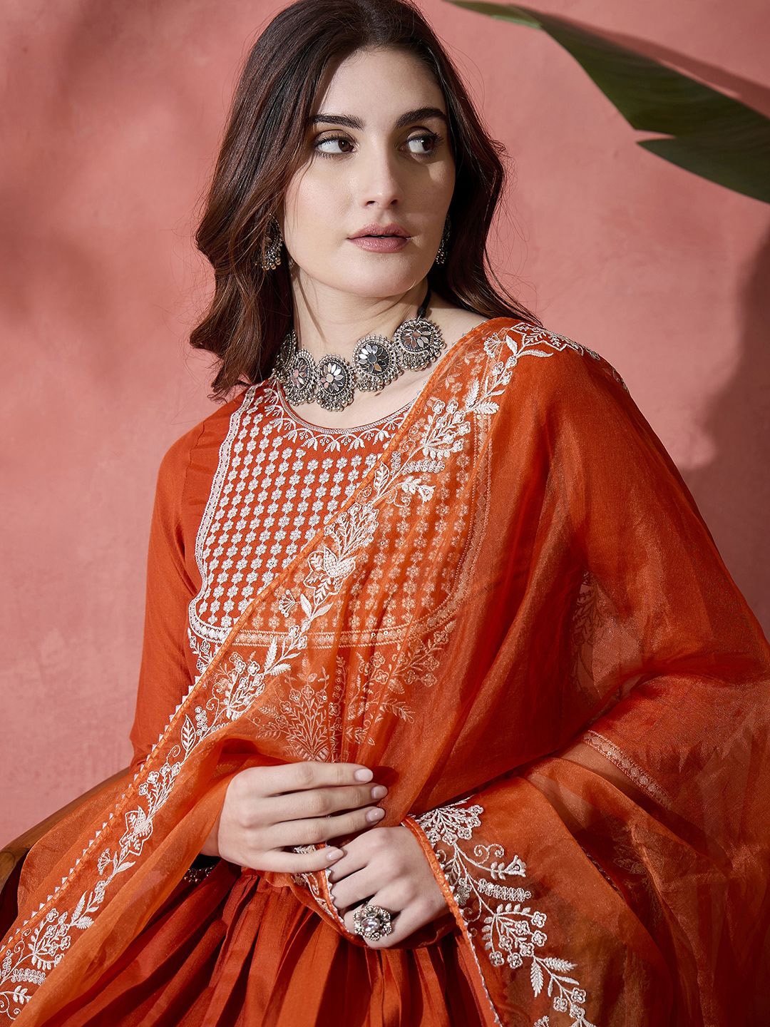 

Sangria Floral Embroidered Sequinned Round Neck A-Line Kurta With Trousers & Dupatta, Orange