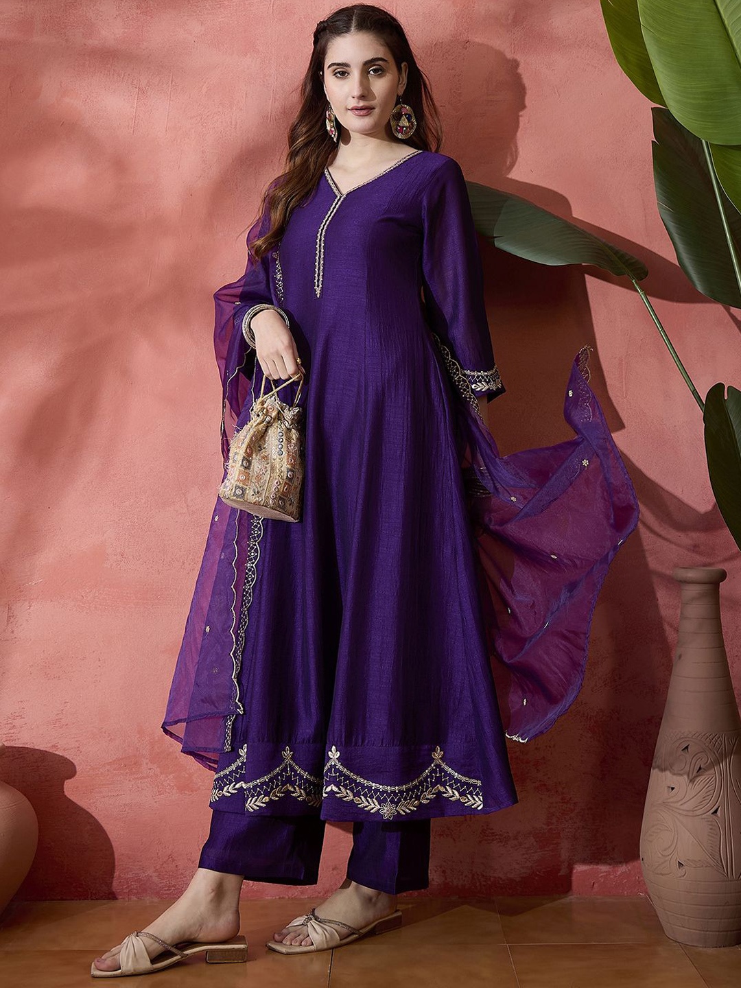 

Sangria Floral Embroidered V-Neck A-Line Kurta With Trousers & Dupatta, Purple