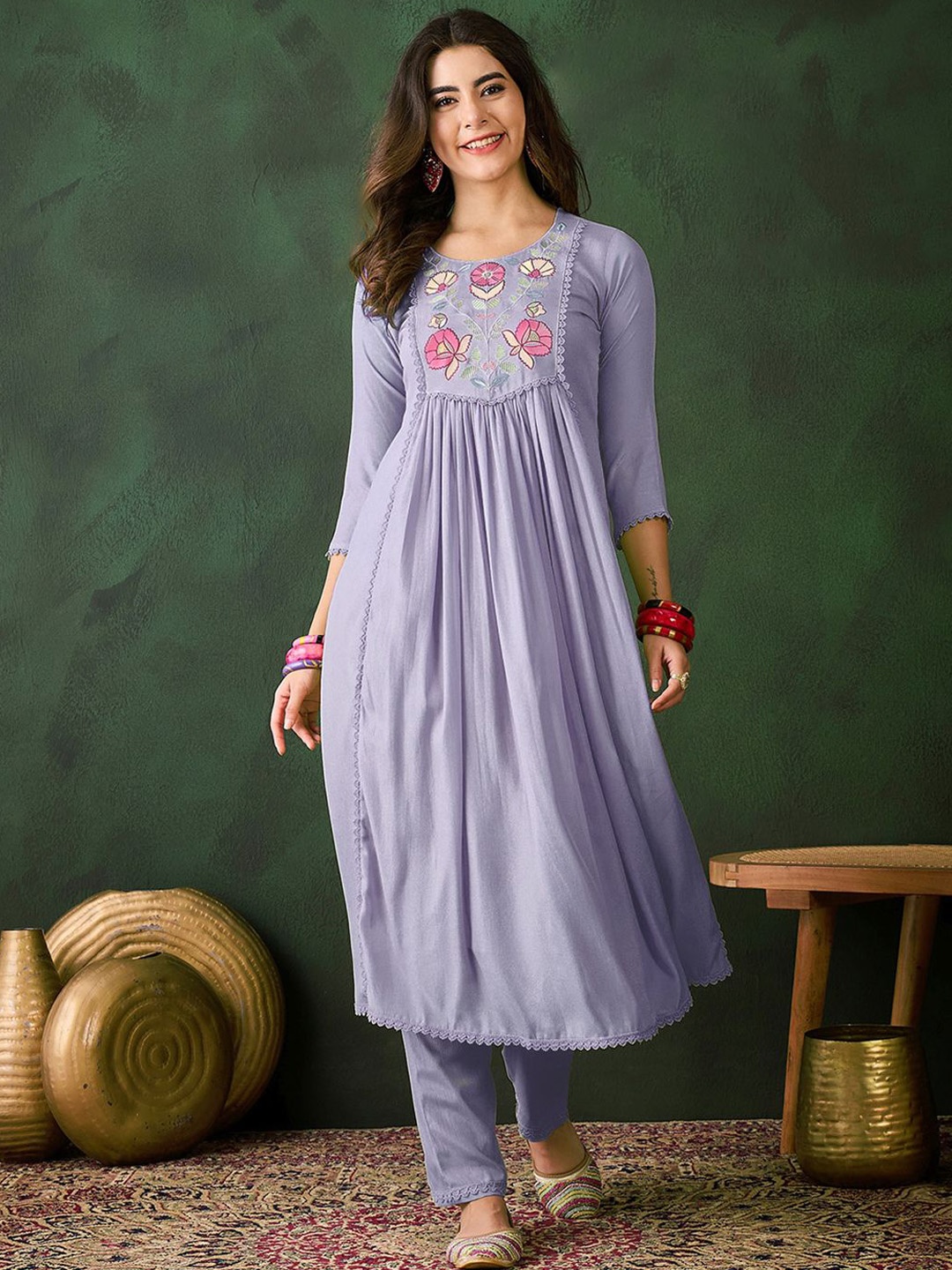 

Sangria Floral Embroidered Pleated A-Line Kurta With Trousers, Grey