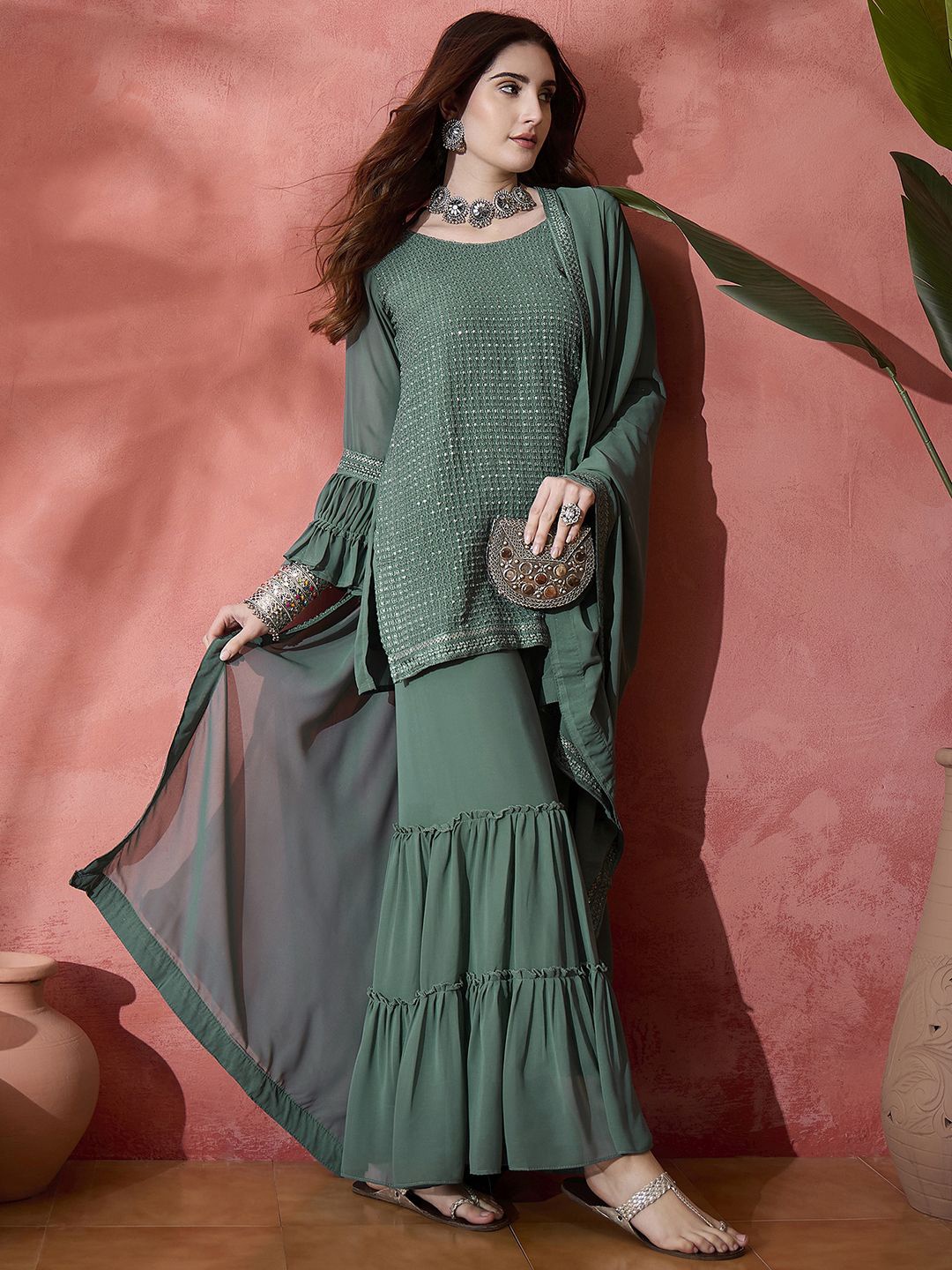 

Sangria Teal Embroidered Sequinned Straight Kurta With Sharara & Dupatta