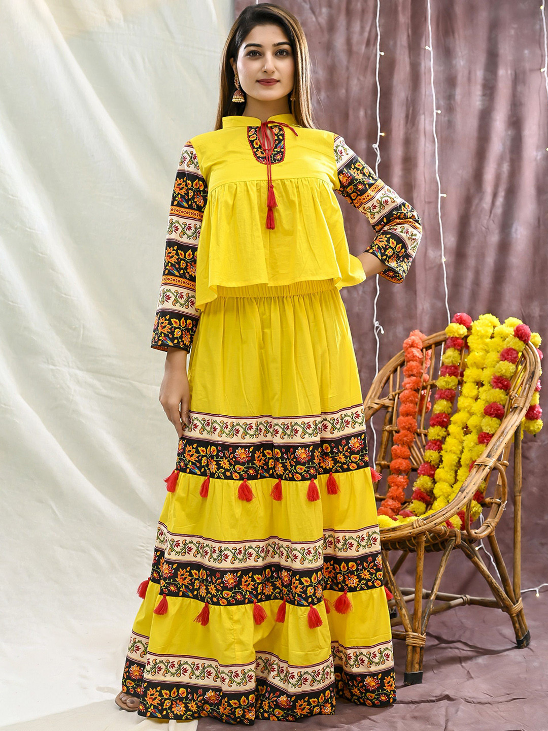 

Rashmi Shree Creation Floral Printed Mandarin Collar Top With Skirt, Yellow