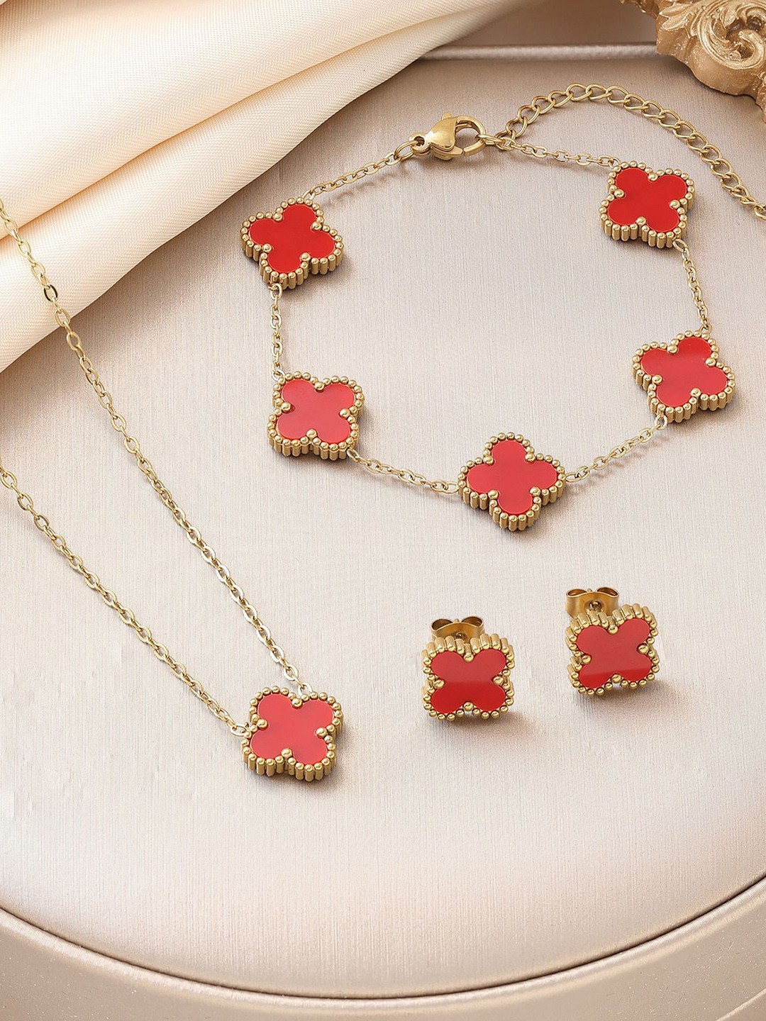 

MEENAZ Gold Plated Stone Studded Anti Tarnish Stainless Steel Necklace Earrings Bracelet