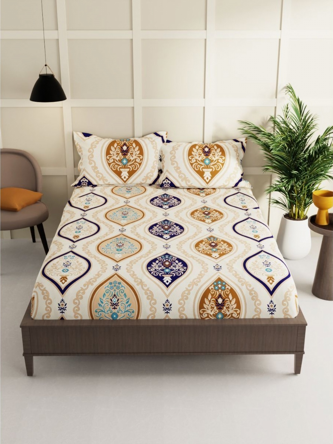 

Quirky Home Beige & Blue Printed Microfiber 180 TC Queen Bedsheet Set- 1.82 m x 1.98 m
