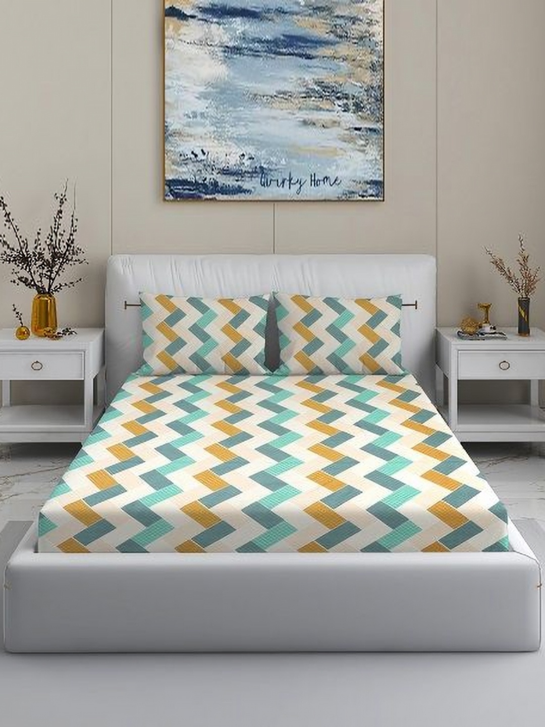 

Quirky Home Green & Beige Printed 180 TC King Bedsheet Set- 2.74 m x 2.74 m
