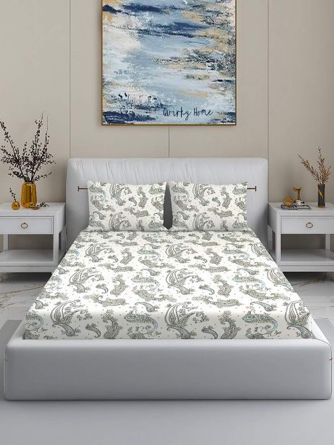 

Quirky Home White & Grey Printed 200 TC King Bedsheet Set- 2.74 m x 2.74 m