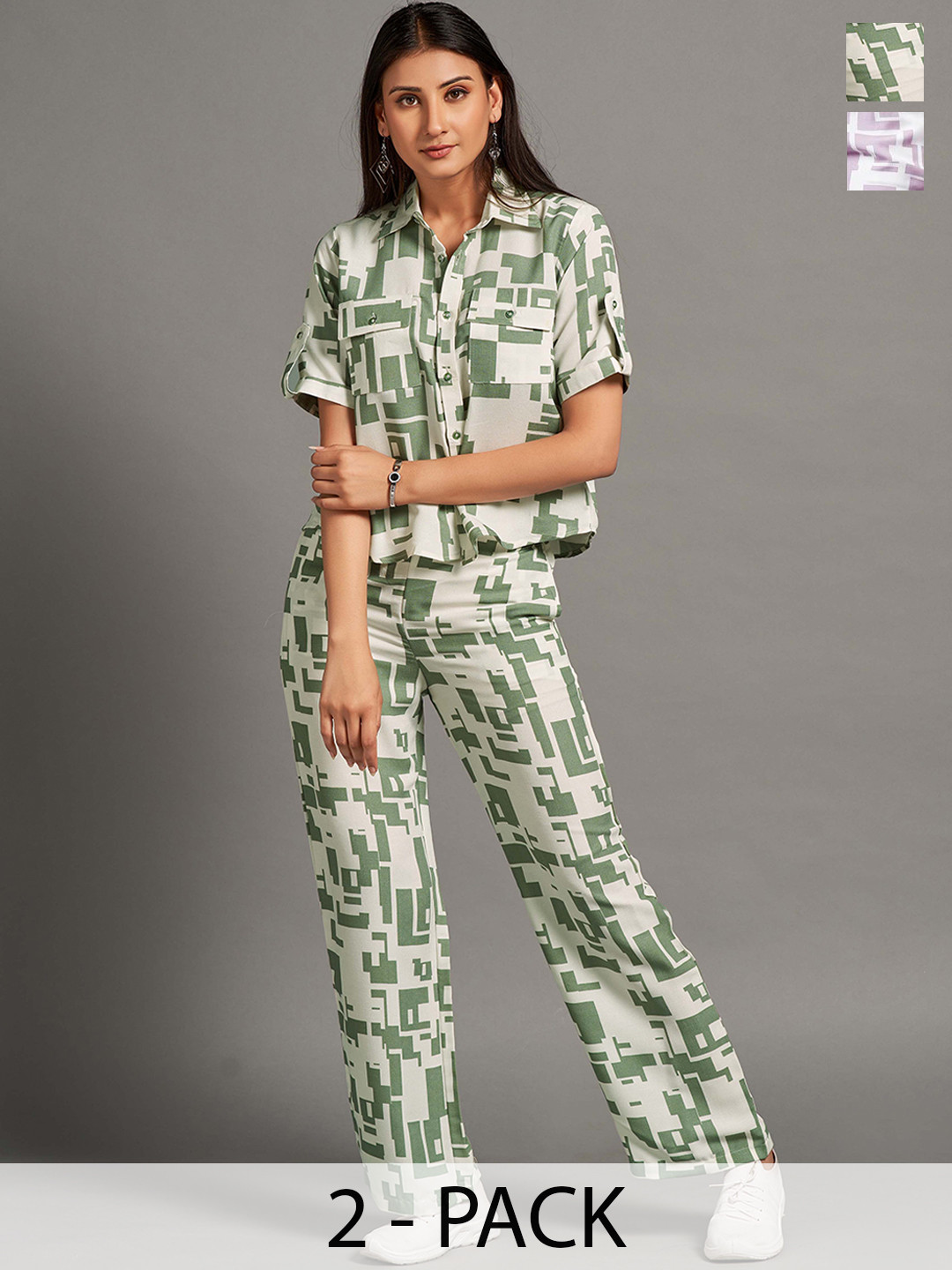 

HOUSE OF MIRA Pack Of 2 Abstract Printed Shirt Collar Shirt With Trousers, Green
