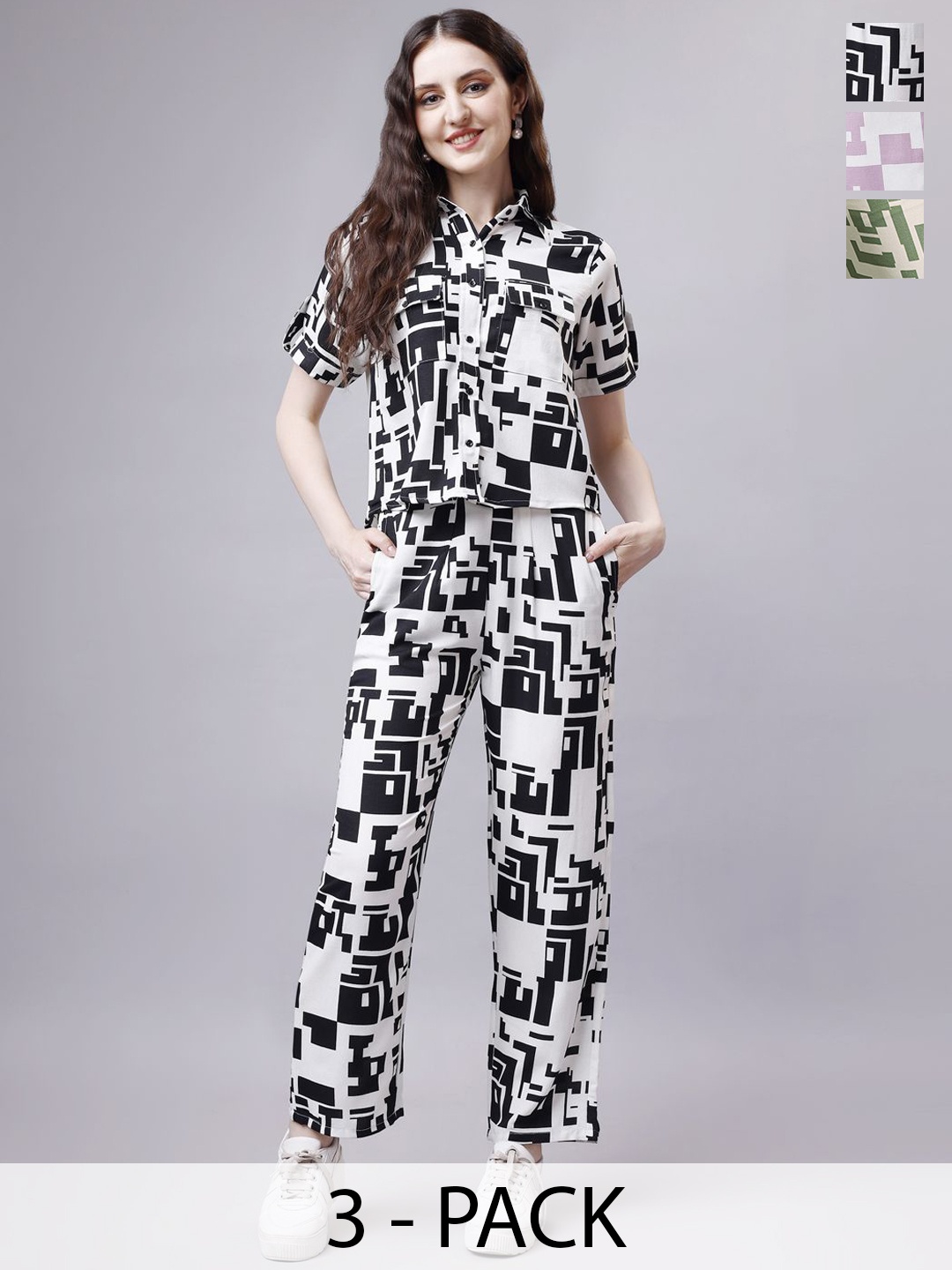 

HOUSE OF MIRA Pack Of 3 Abstract Printed Shirt Collar Shirt With Trousers, Black