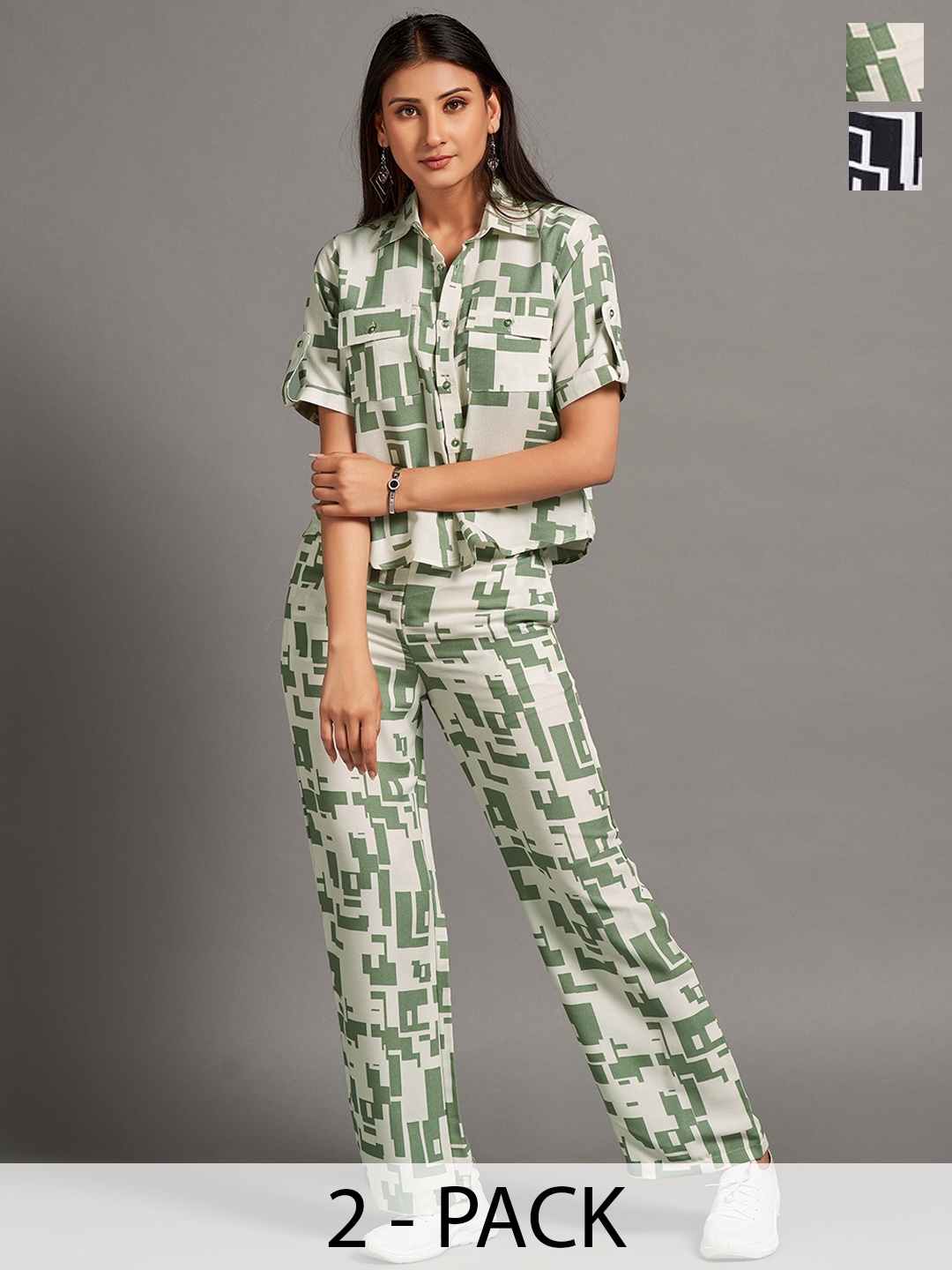 

HOUSE OF MIRA Pack Of 2 Abstract Printed Shirt Collar Shirt With Trousers, Green