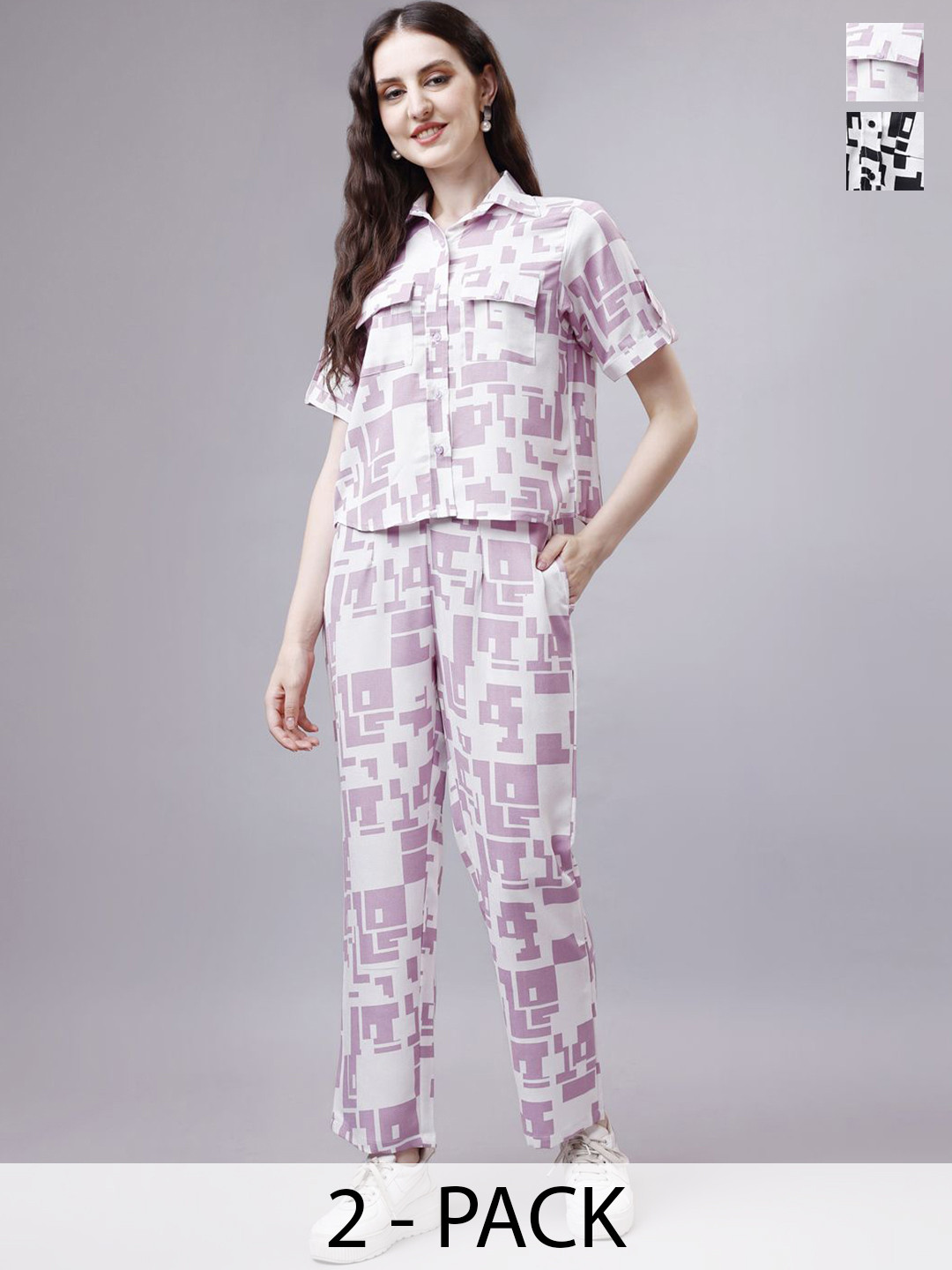 

HOUSE OF MIRA Pack Of 2 Abstract Printed Shirt Collar Shirt With Trousers, Black