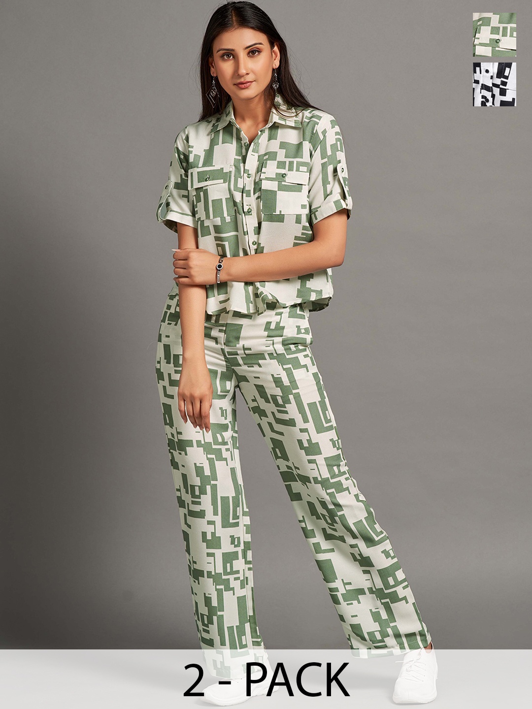 

HOUSE OF MIRA Pack Of 2 Abstract Printed Shirt Collar Shirt With Trousers, Green