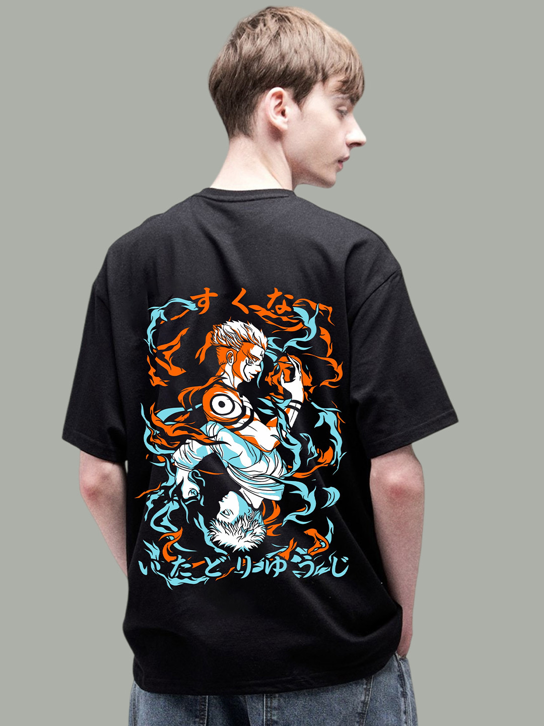

Uniplanet store Anime Printed Round Neck Cotton Oversized T-shirt, Black