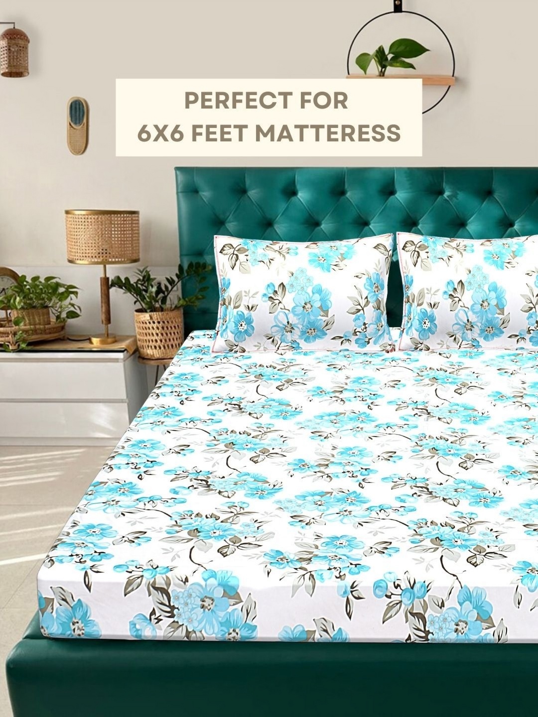 

HASHCART White And Blue Floral Cotton 210 TC Queen Bedsheet Set 2.40 m x 2.25 m