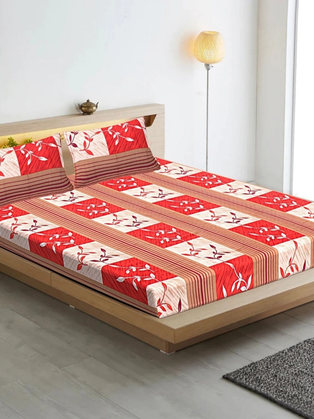 

HASHCART Red & Beige Geometric Printed Cotton 210 TC Queen Bedsheet Set 2.40 m x 2.25 m