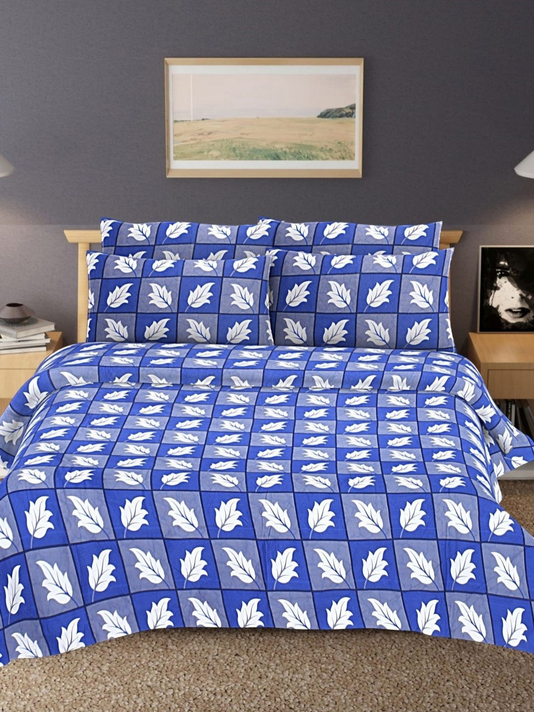 

HASHCART Blue Floral Printed 210 TC Cotton Queen Bedsheet Set 2.40 m x 2.25 m